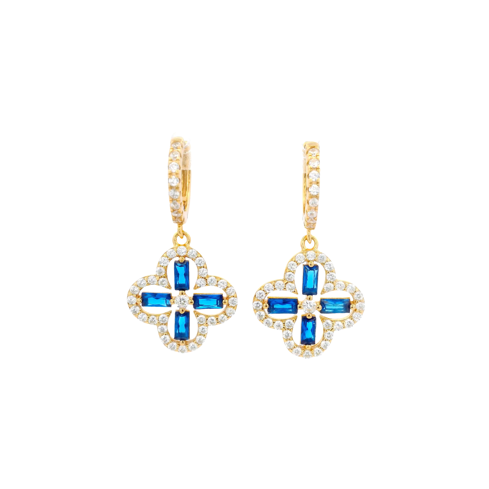 925YG OUTLINE CLOVER CZ BLUE EARRINGS