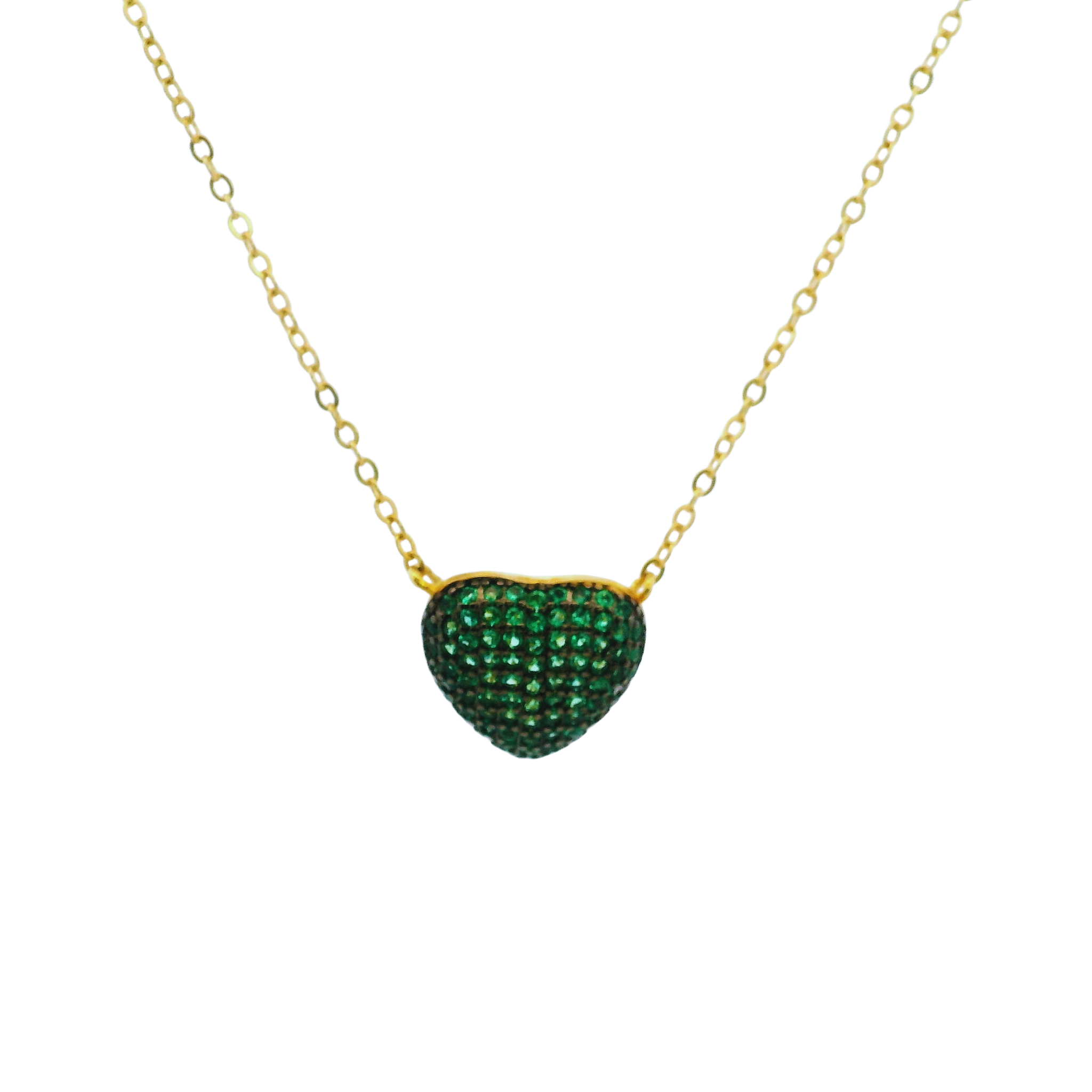 925YG SMALL DOME HEART PAVE CZ GREEN NECKLACE