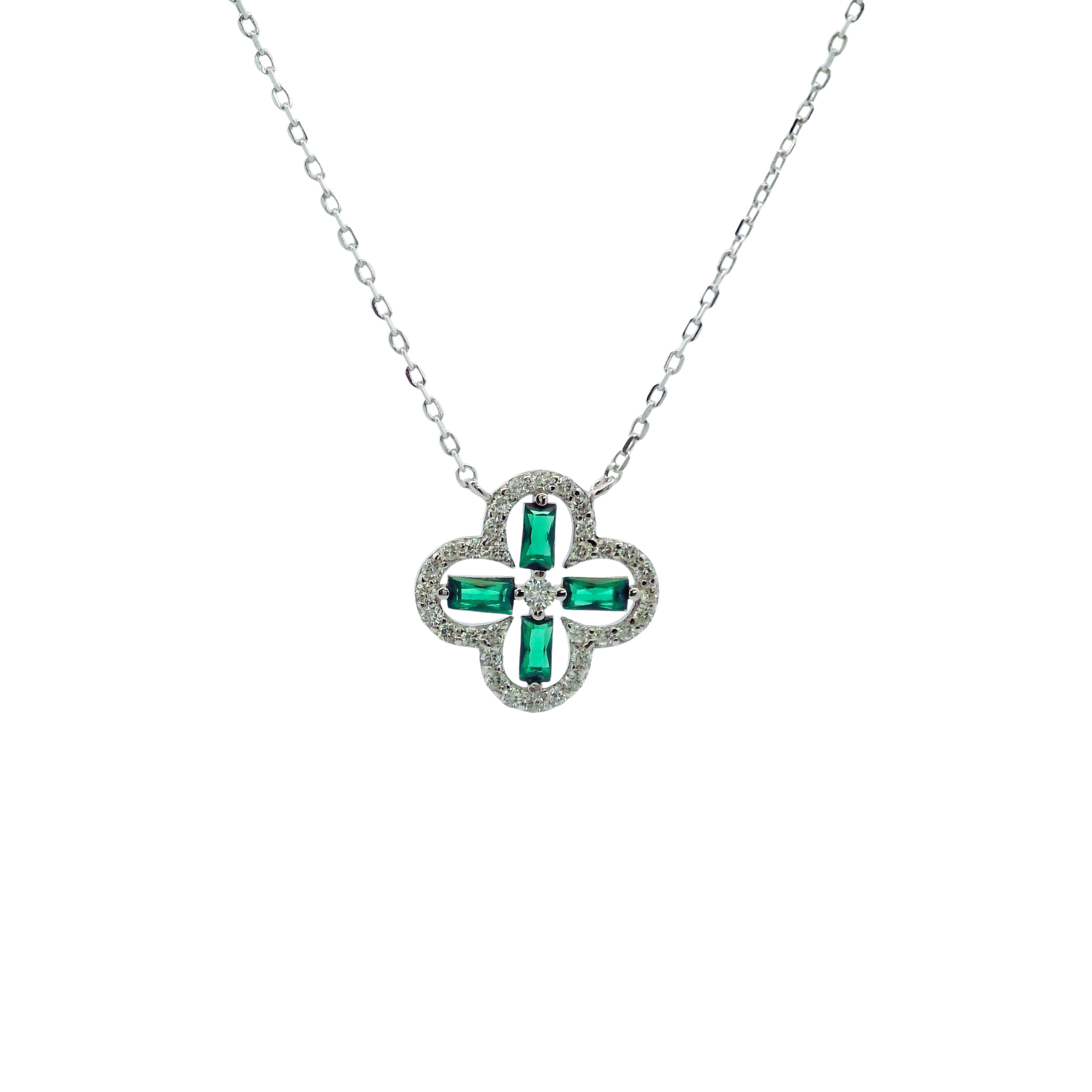 925SL OUTLINE CLOVER CZ GREEN NECKLACE