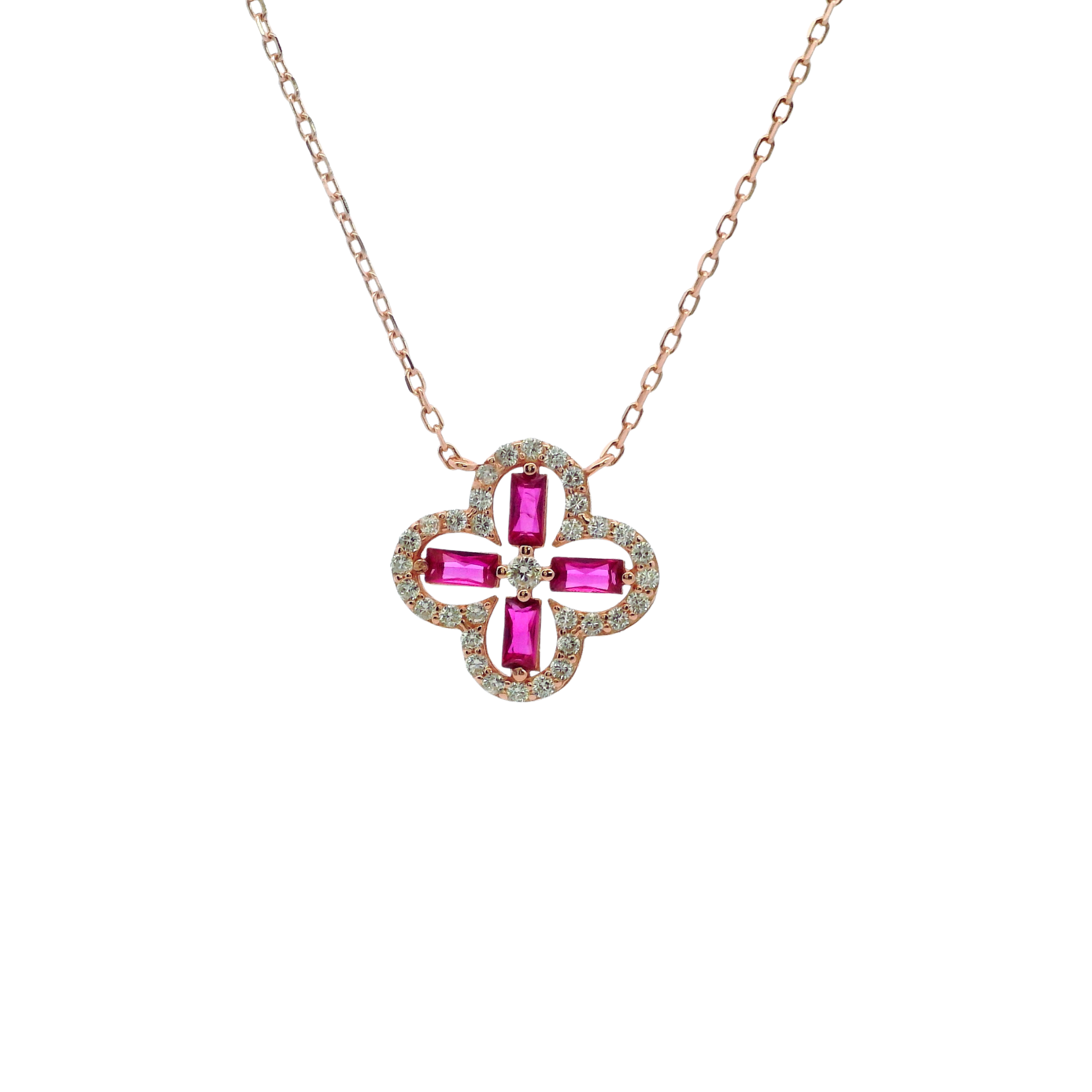 925YG OUTLINE CLOVER CZ FUSHIA NECKLACE