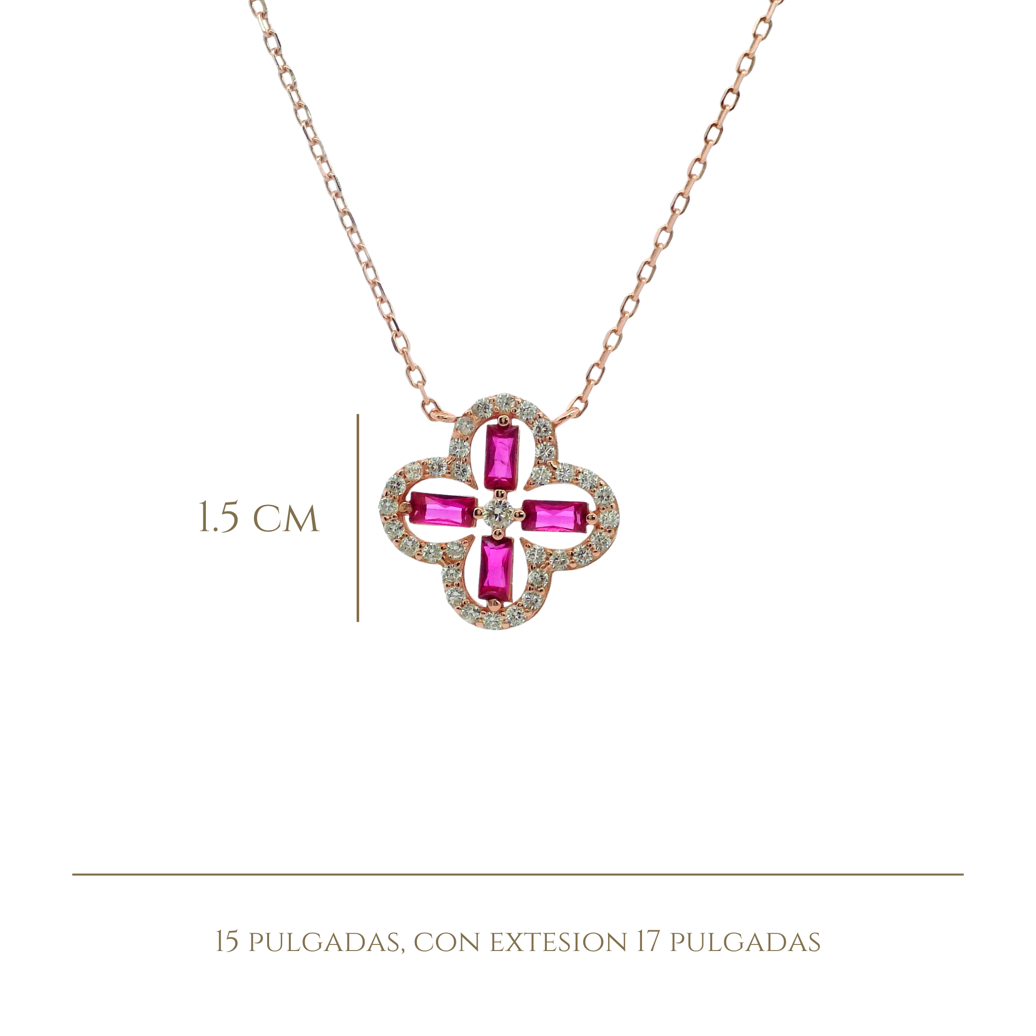925YG OUTLINE CLOVER CZ FUSHIA NECKLACE