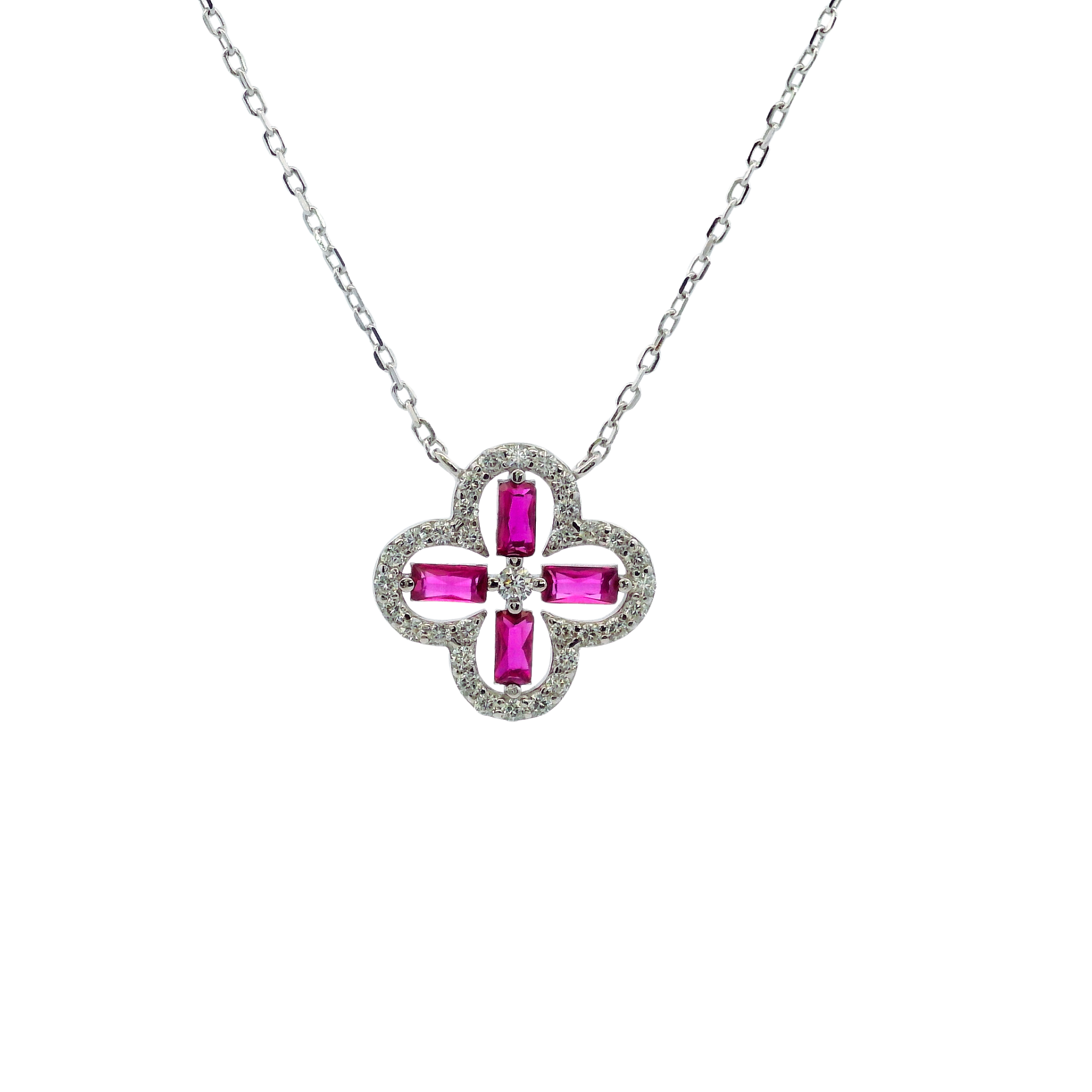 925SL OUTLINE CLOVER CZ FUSHIA NECKLACE