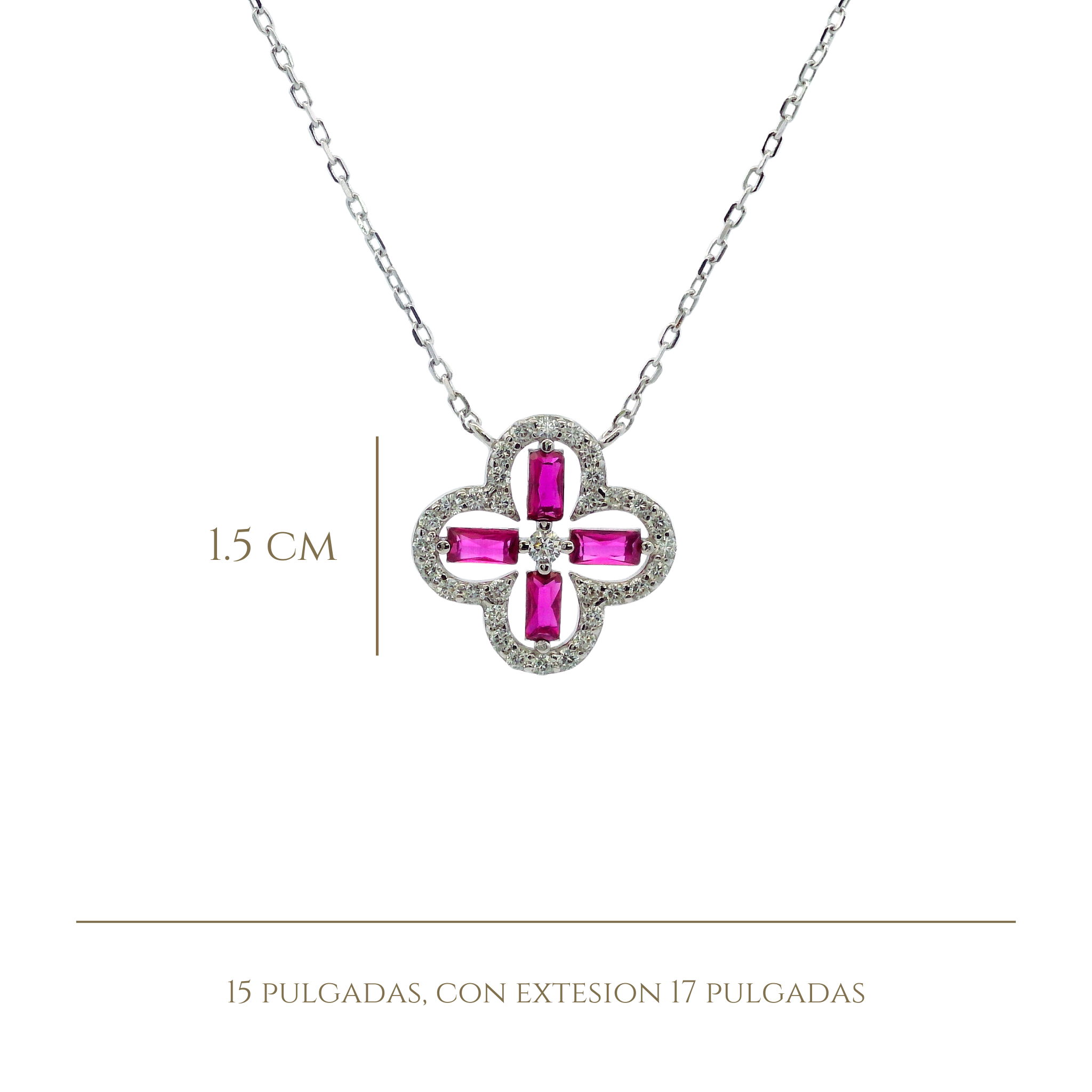 925SL OUTLINE CLOVER CZ FUSHIA NECKLACE