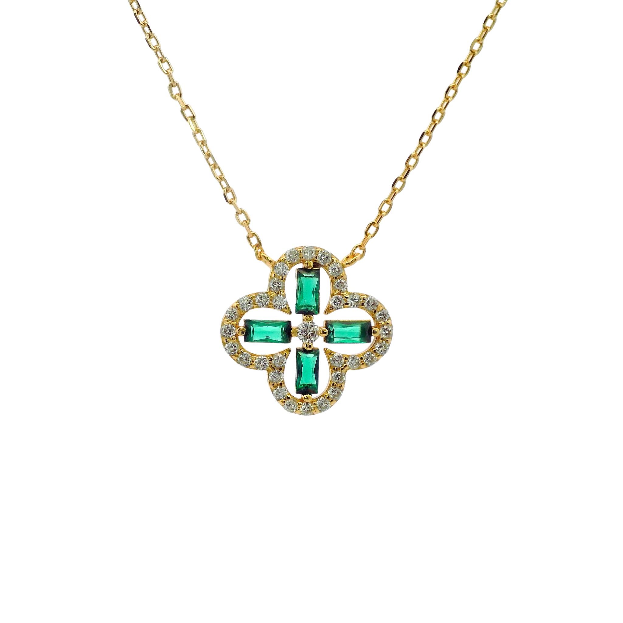 925YG OUTLINE CLOVER CZ GREEN NECKLACE