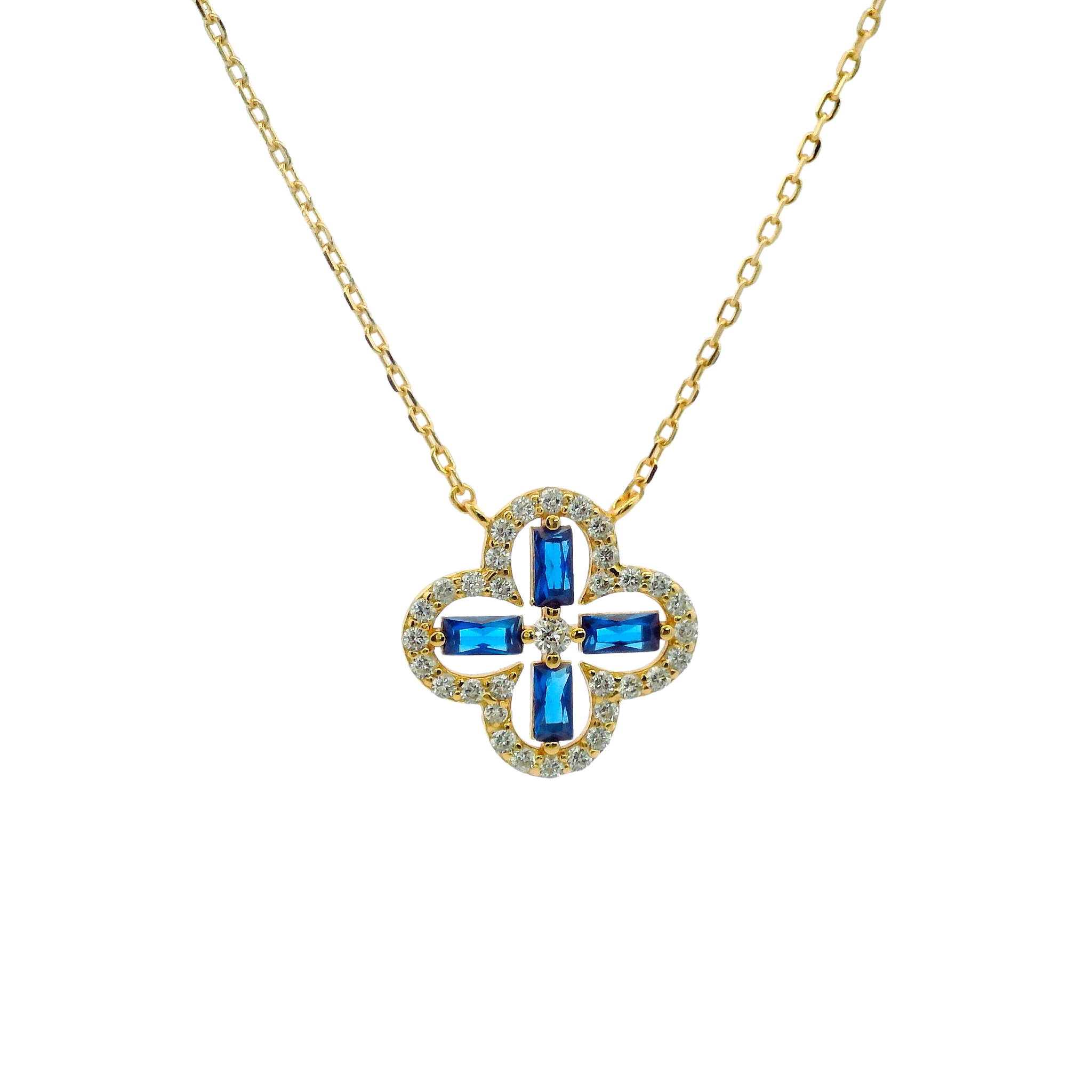 925YG OUTLINE CLOVER CZ BLUE NECKLACE
