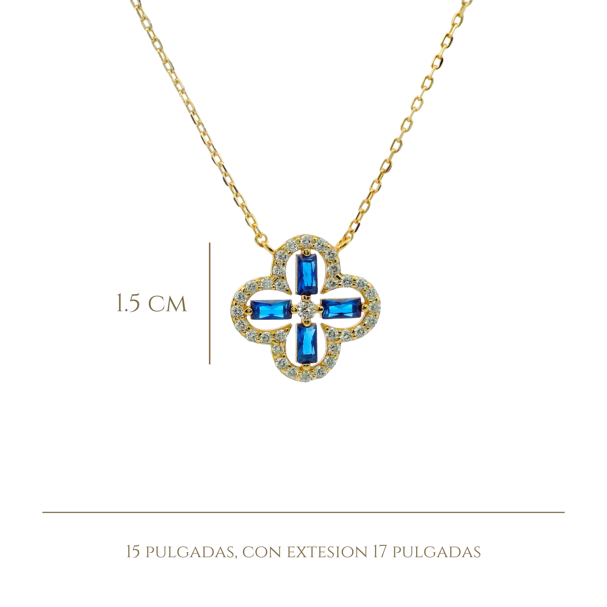 925YG OUTLINE CLOVER CZ BLUE NECKLACE