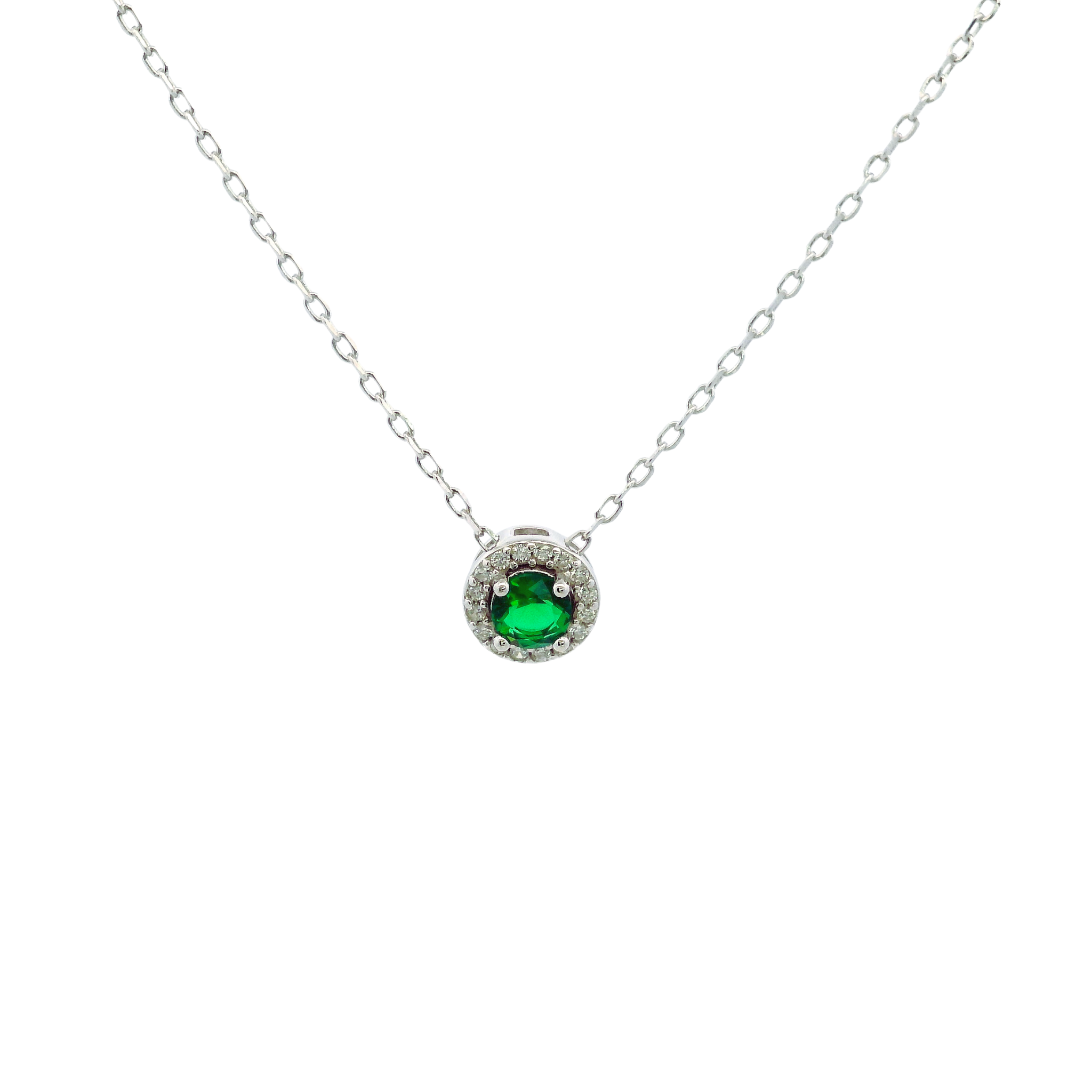 925SL HALO CENTER CZ GREEN NECKLACE