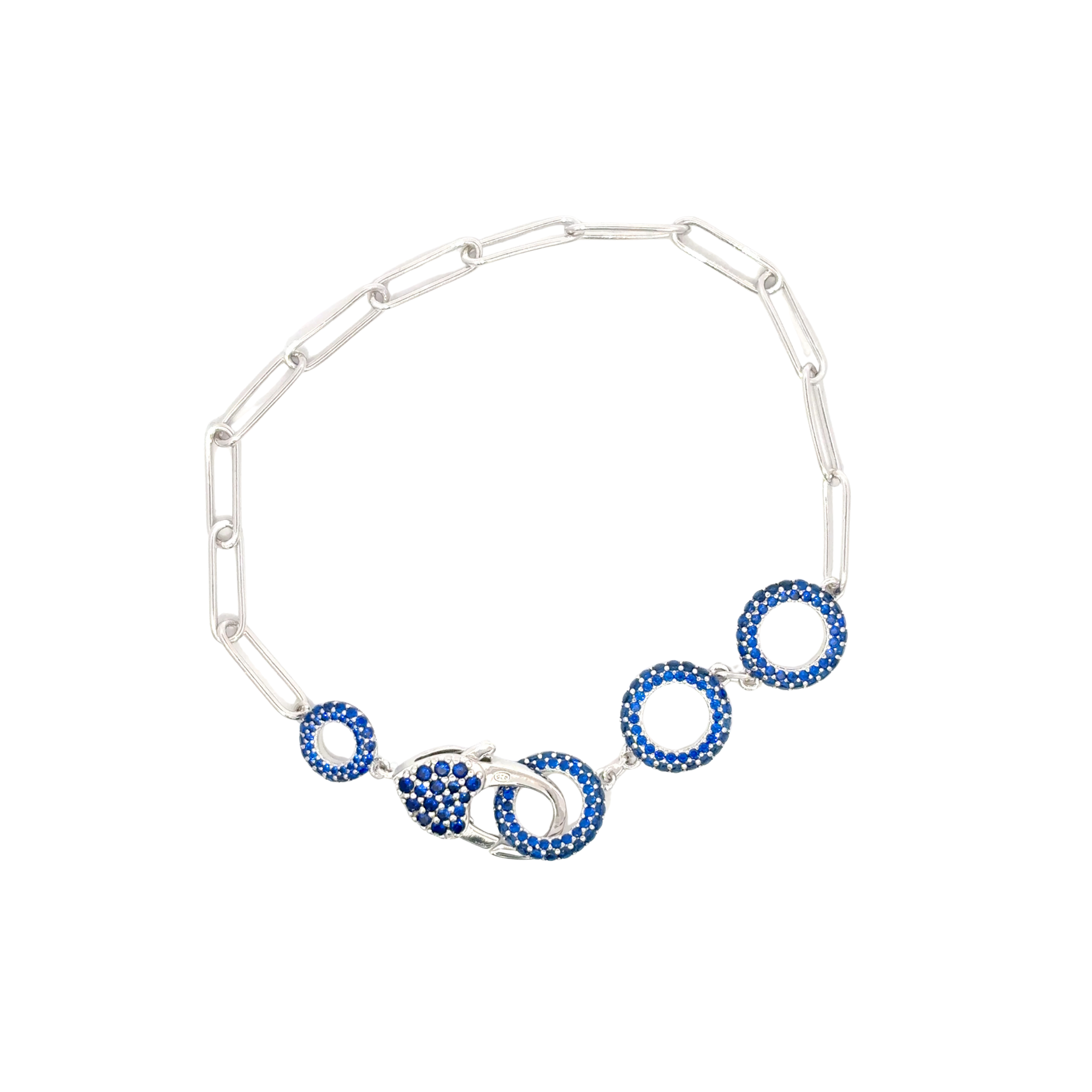 925SL TRIPLE CIRCLE CZ BLUE PAPERCLIP BRACELET