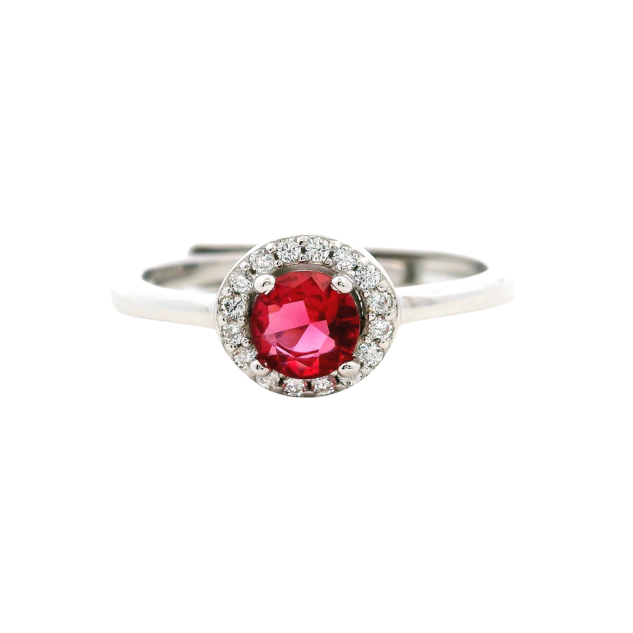 925SL HALO CENTER CZ RED ADJUSTABLE RING