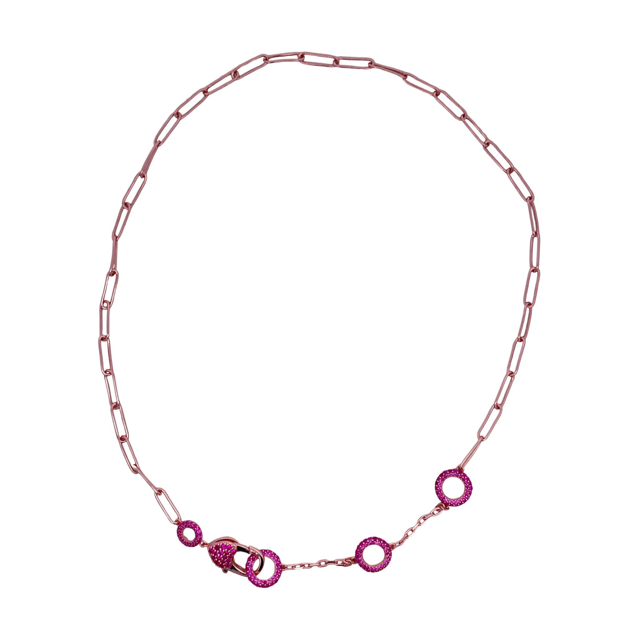 925RG TRIPLE CIRCLE CZ FUSHIA PAPERCLIP NECKLACE
