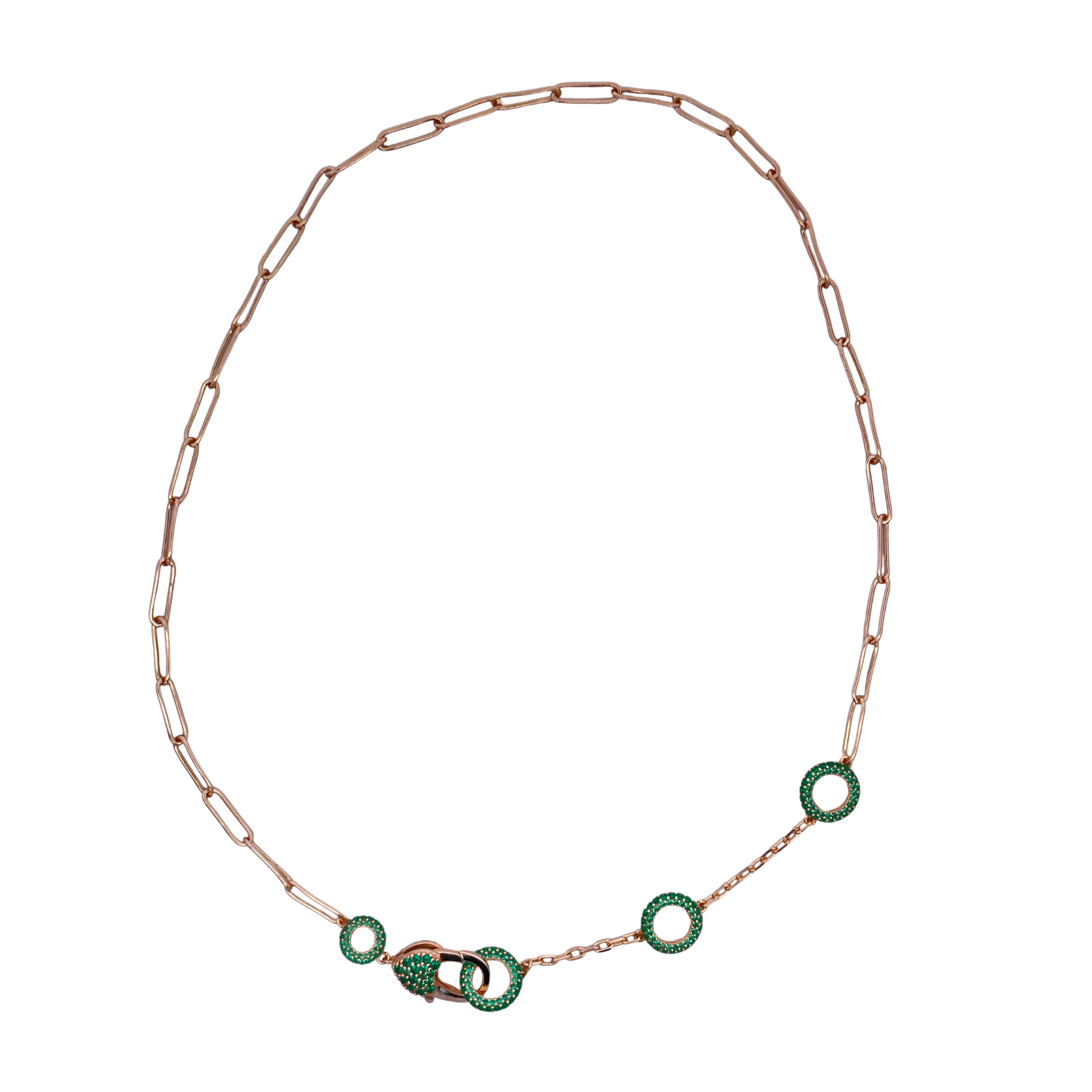 925YG TRIPLE CIRCLE CZ GREEN PAPERCLIP NECKLACE