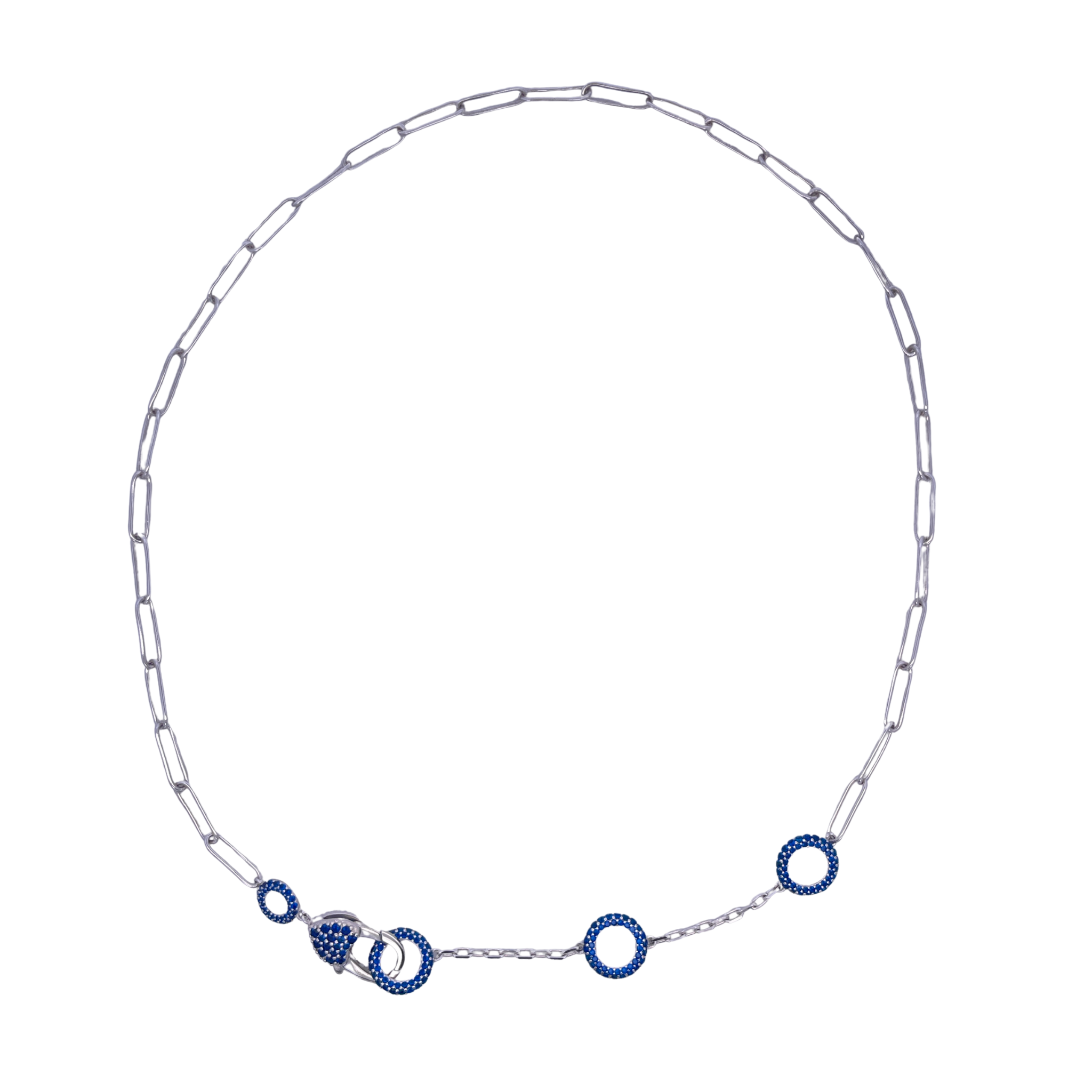 925SL TRIPLE CIRCLE CZ BLUE PAPERCLIP NECKLACE
