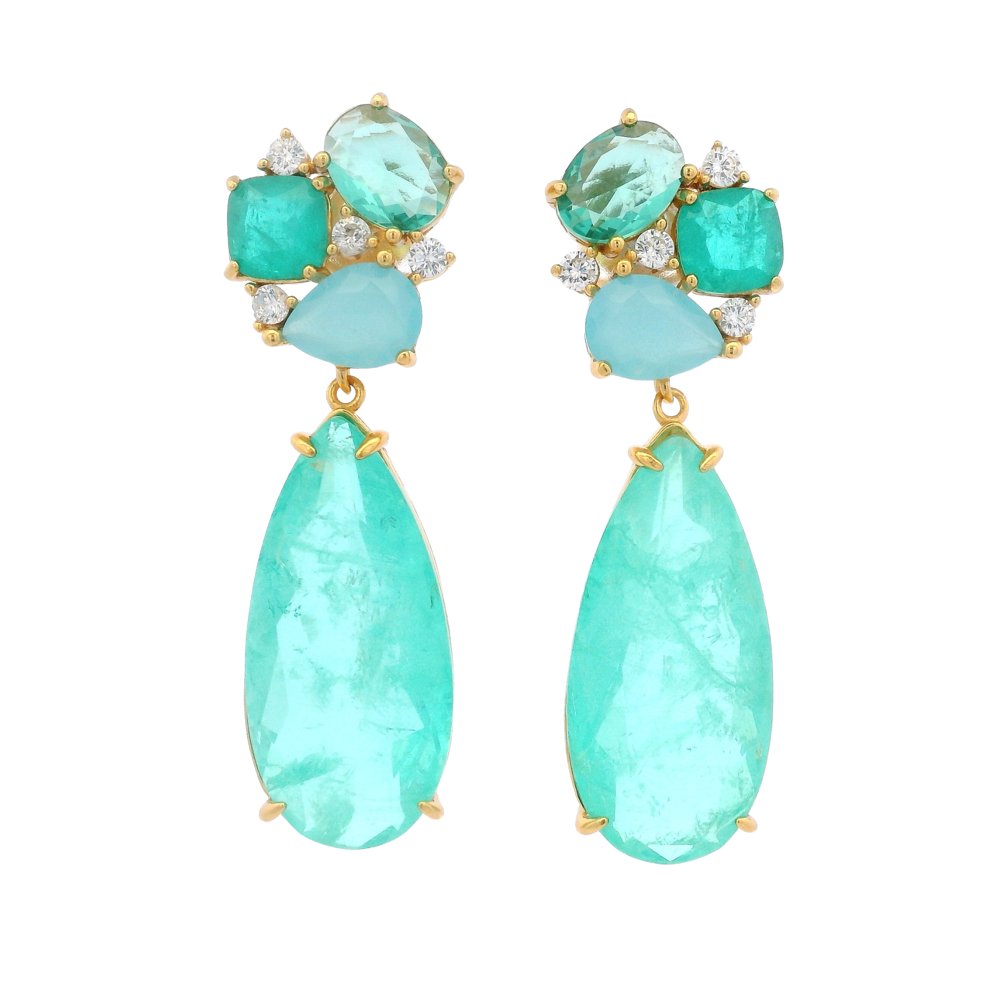 925YG CLUSTER AND DROP EARRINGS QUARTZ & CZ GREEN