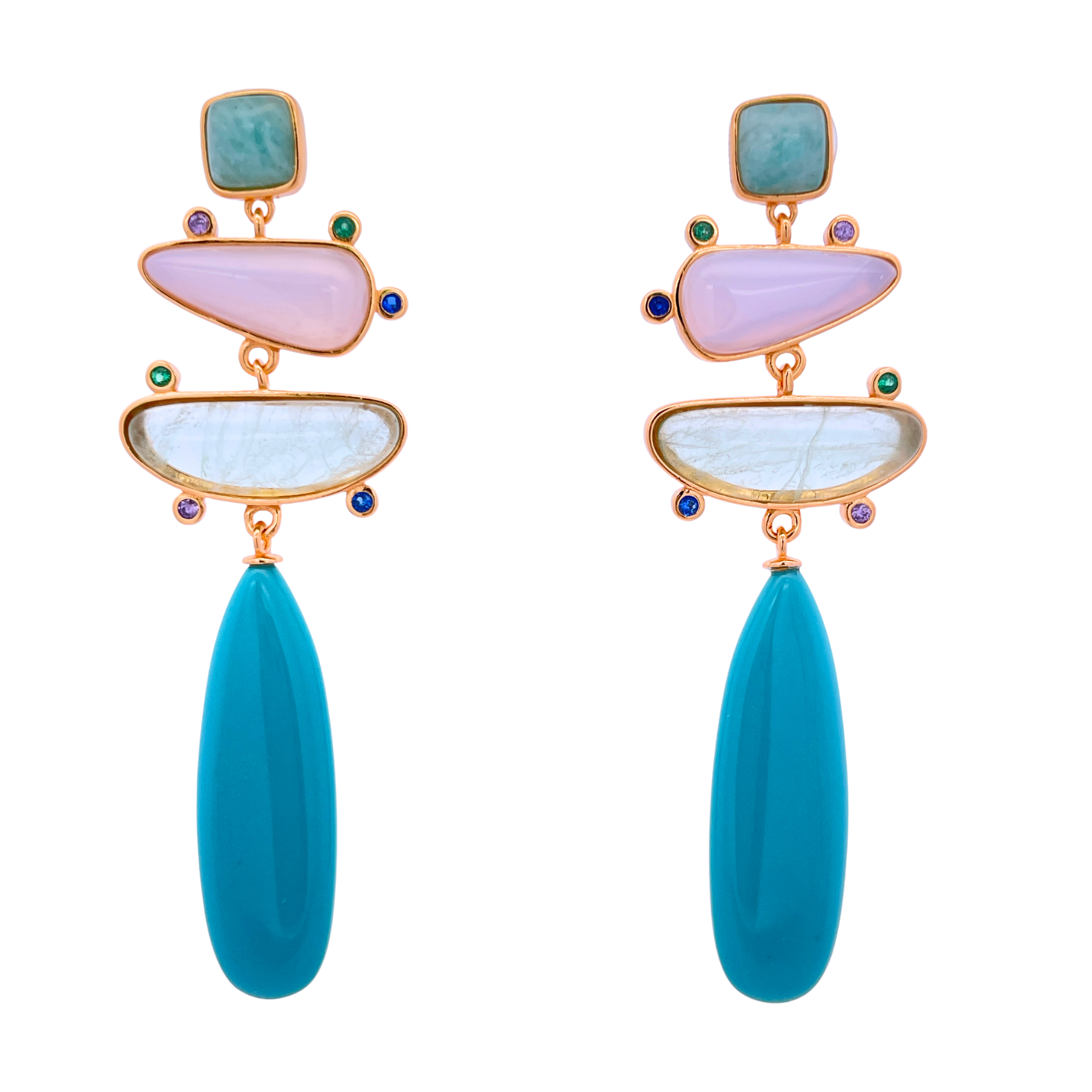 925YG DROP FOUR SHAPE EARRINGS TURQUESA & CZ