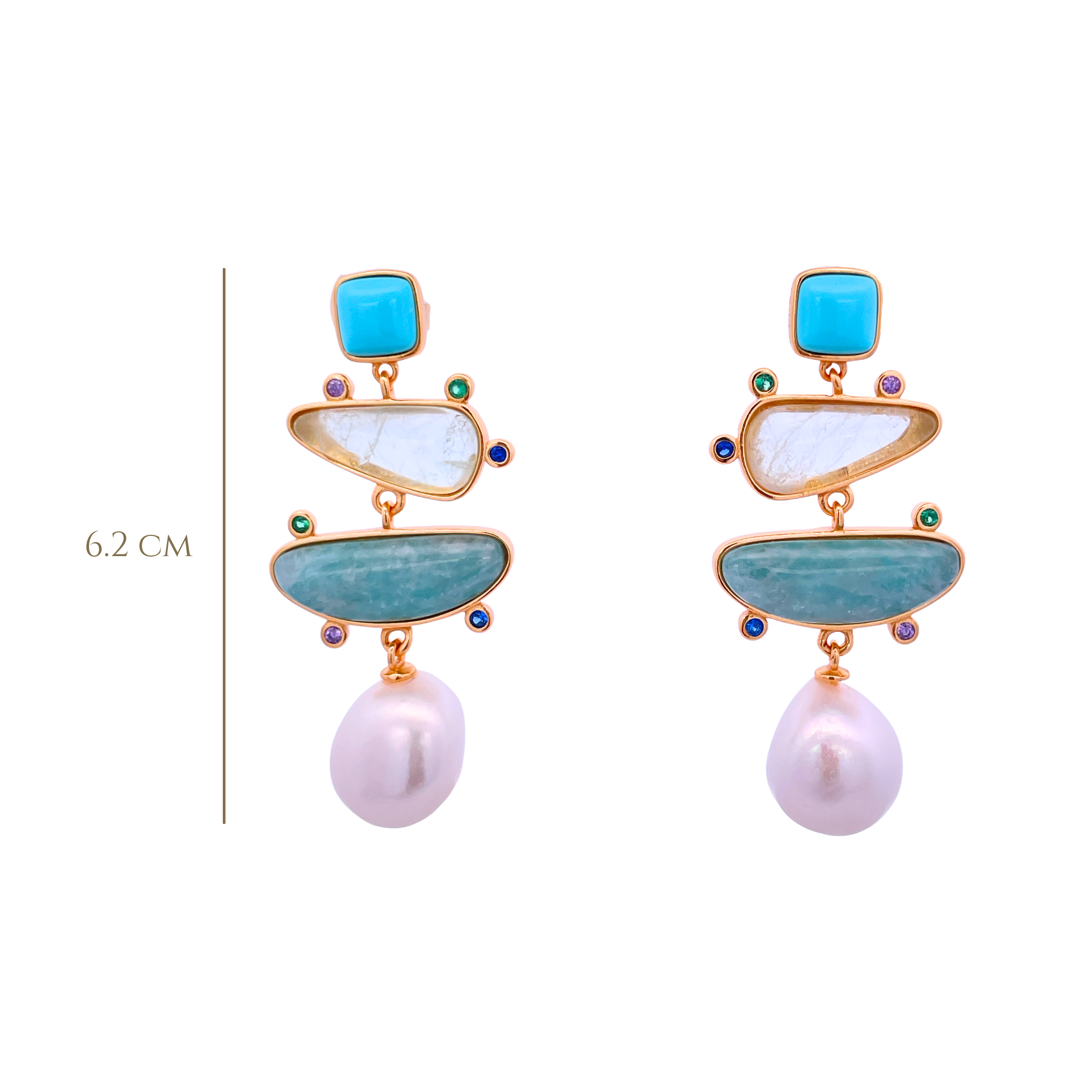 925YG DROP FOUR SHAPE EARRINGS AMAZONITE & PEARL
