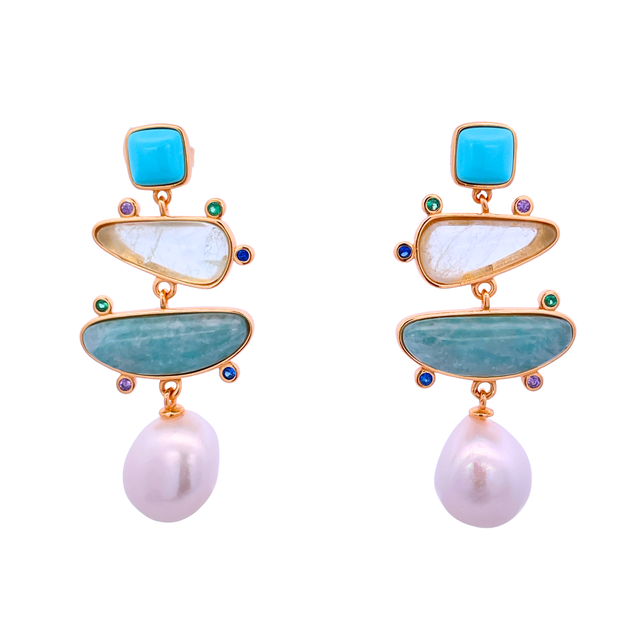 925YG DROP FOUR SHAPE EARRINGS AMAZONITE & PEARL