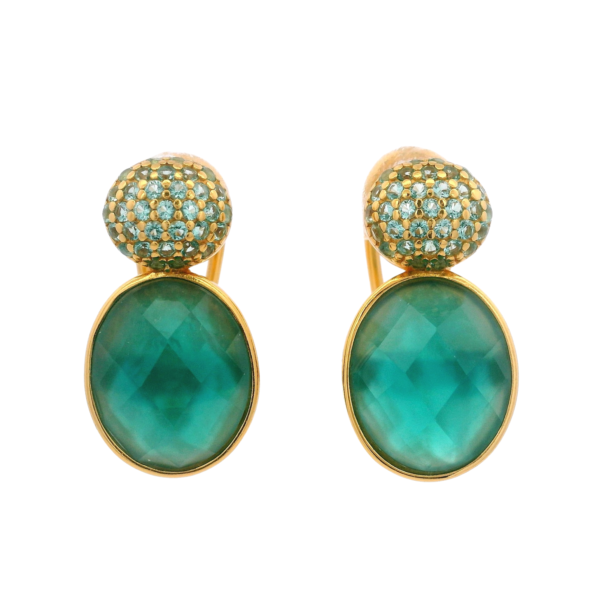 925YG DOUBLE ROUND EARRINGS QUARTZ TURQUESA & CZ