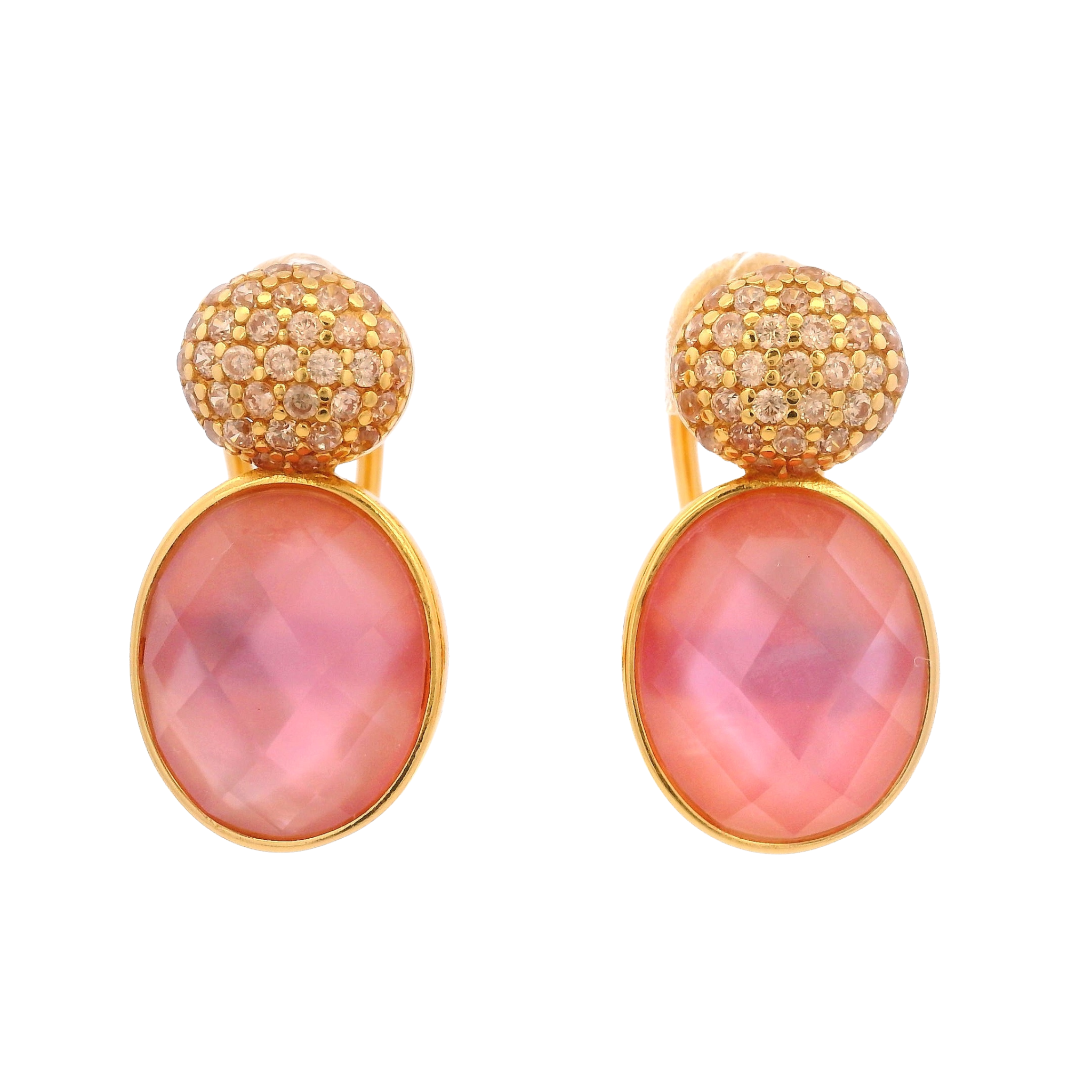 925YG DOUBLE ROUND EARRINGS QUARTZ ROSE & CZ