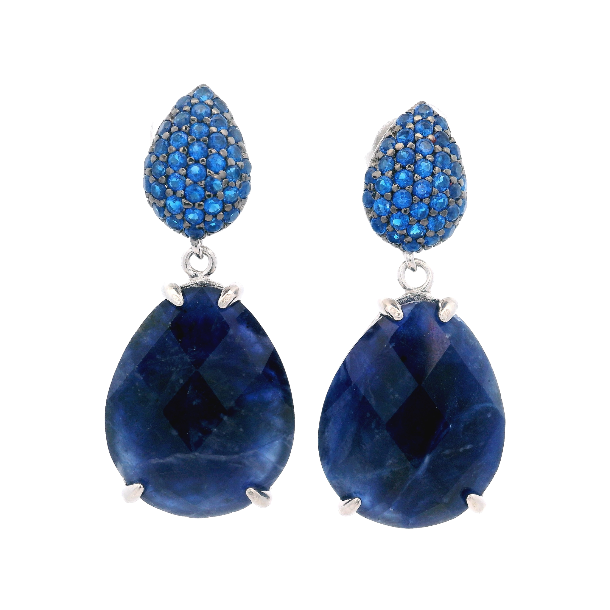 925SL DROP DOUBLE CUT PEAR EARRINGS QUARTZ & CZ BLUE