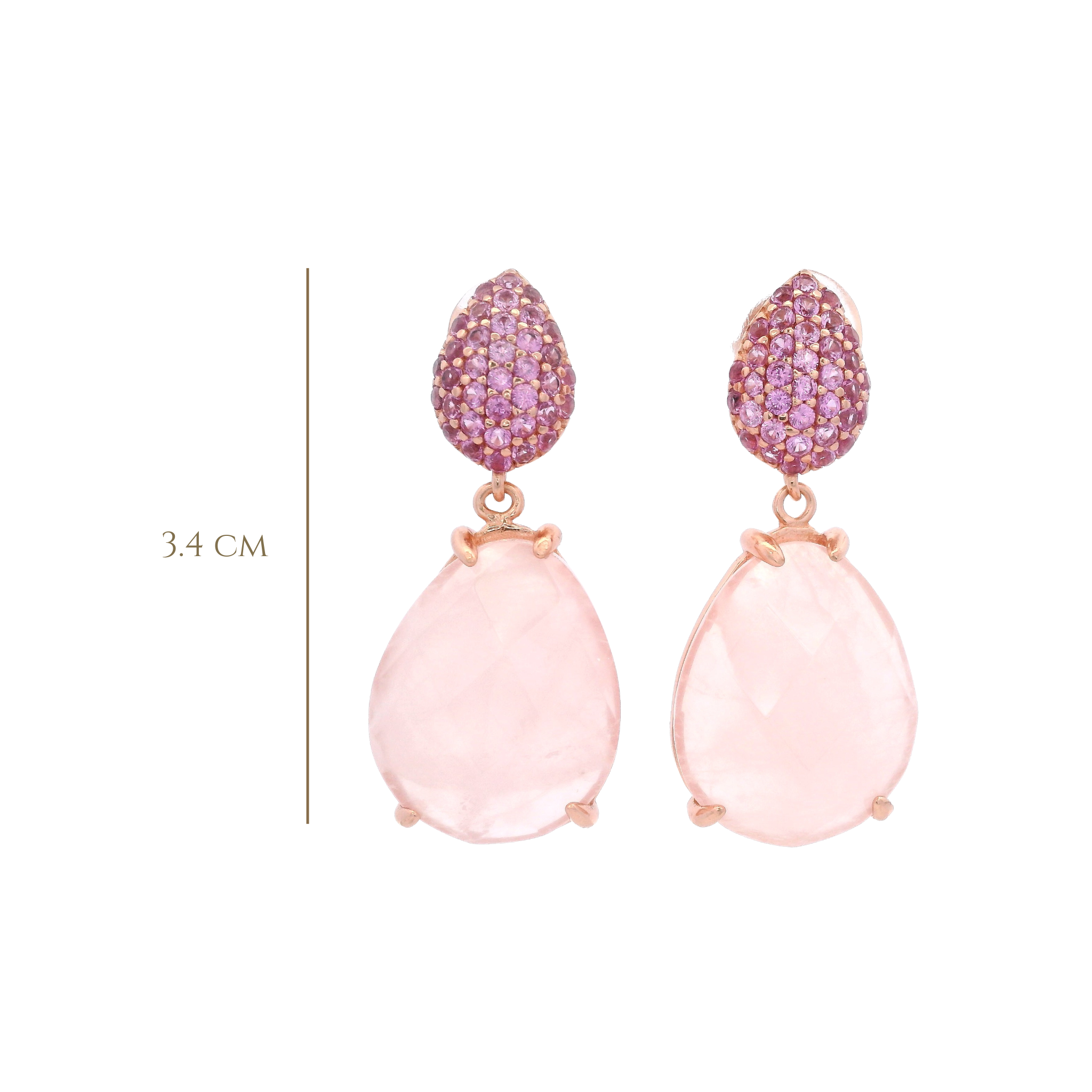 925RG DROP DOUBLE CUT PEAR EARRINGS ROSE QUARTZ & CZ