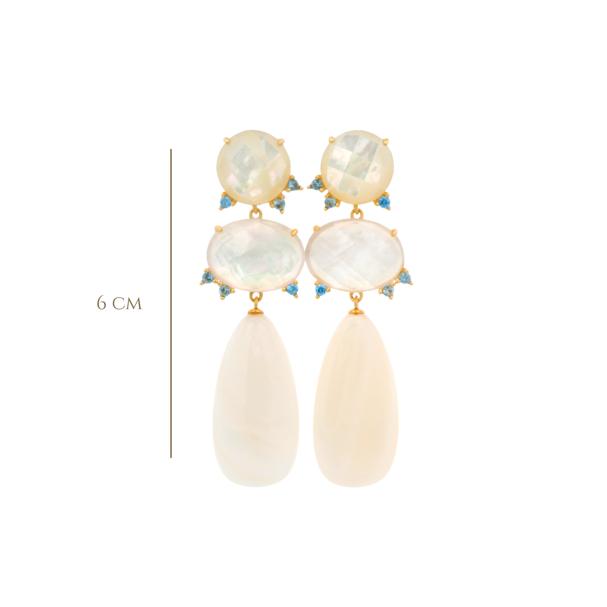 925YG DROP TRIPLE SHAPE EARRINGS MOP & CZ WHITE AND SKY BLUE