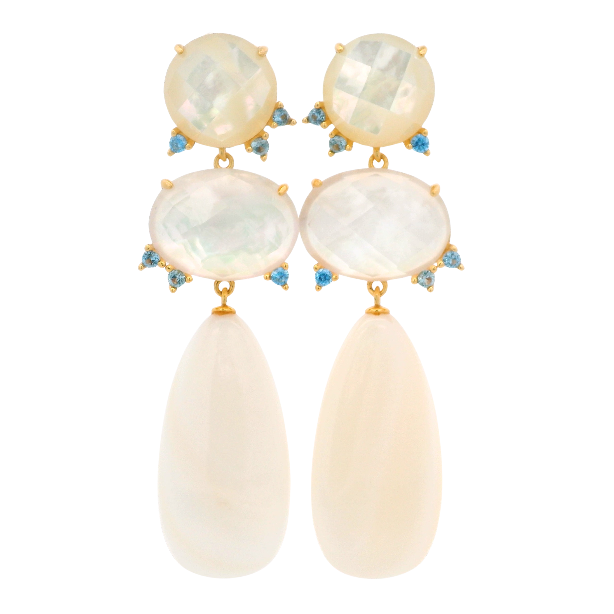 925YG DROP TRIPLE SHAPE EARRINGS MOP & CZ WHITE AND SKY BLUE