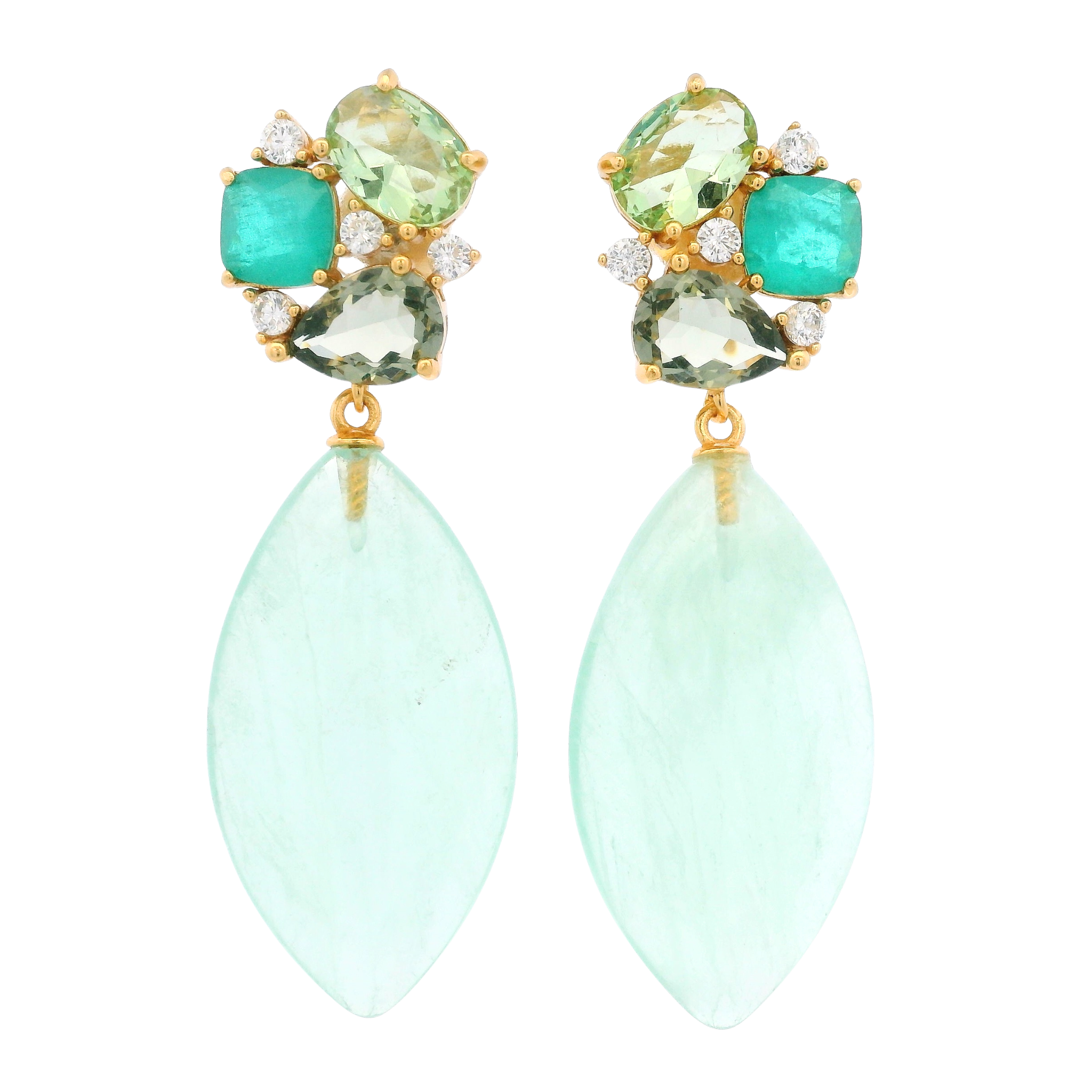 925YG CLUSTER AND DROP MARQUESITA EARRINGS GREEN QUARTZ & CZ
