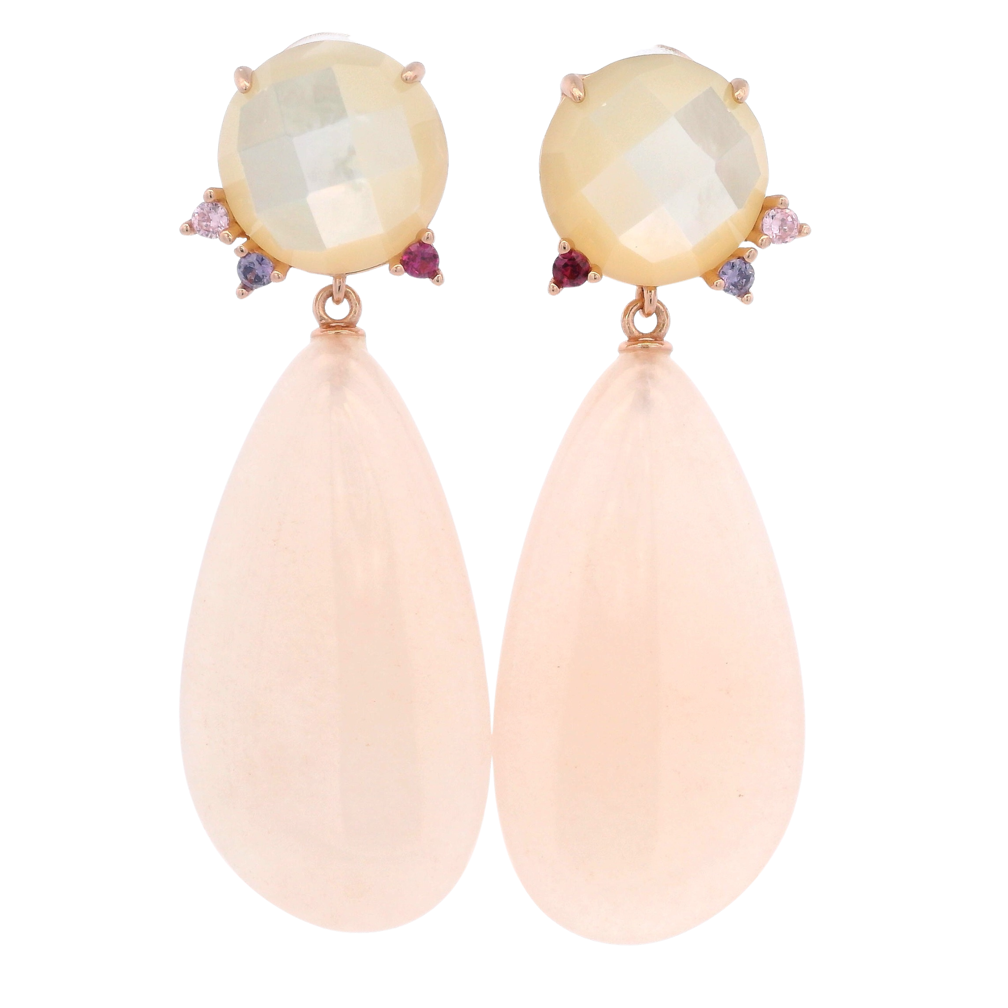 925RG DOUBLE DROP EARRINGS QUARTZ & CZ ROSE