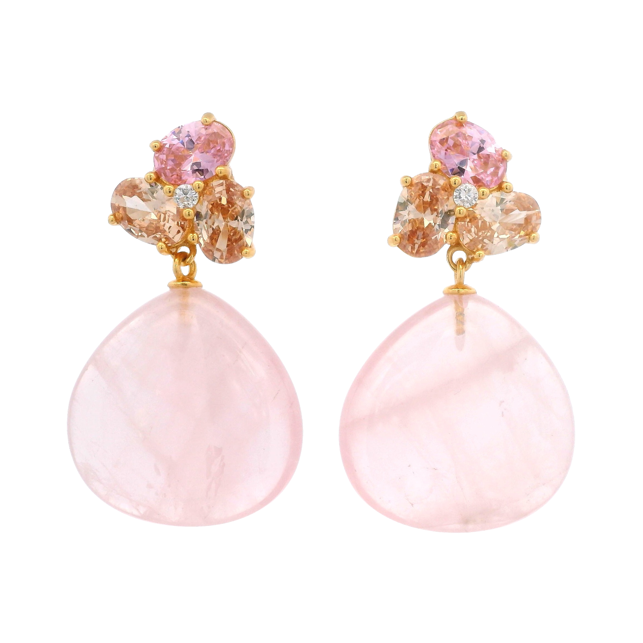 925YG CLUSTER AND DROP EARRINGS ROSE QUARTZ & CZ PINK