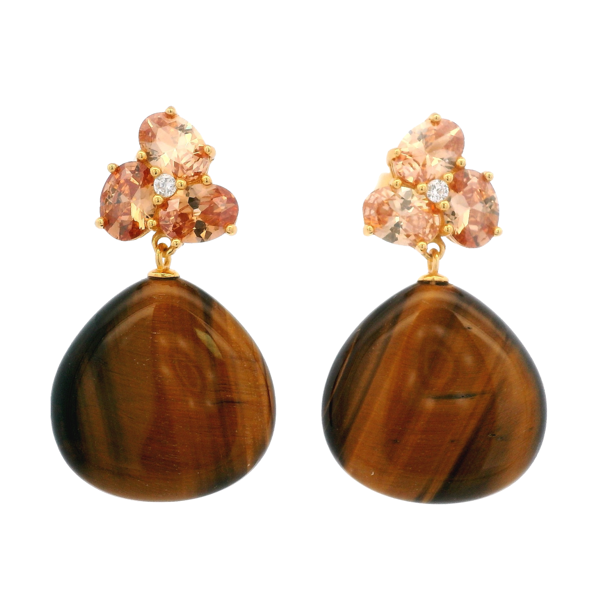 925YG CLUSTER AND DROP EARRINGS TIGERS EYE & CZ AMBAR