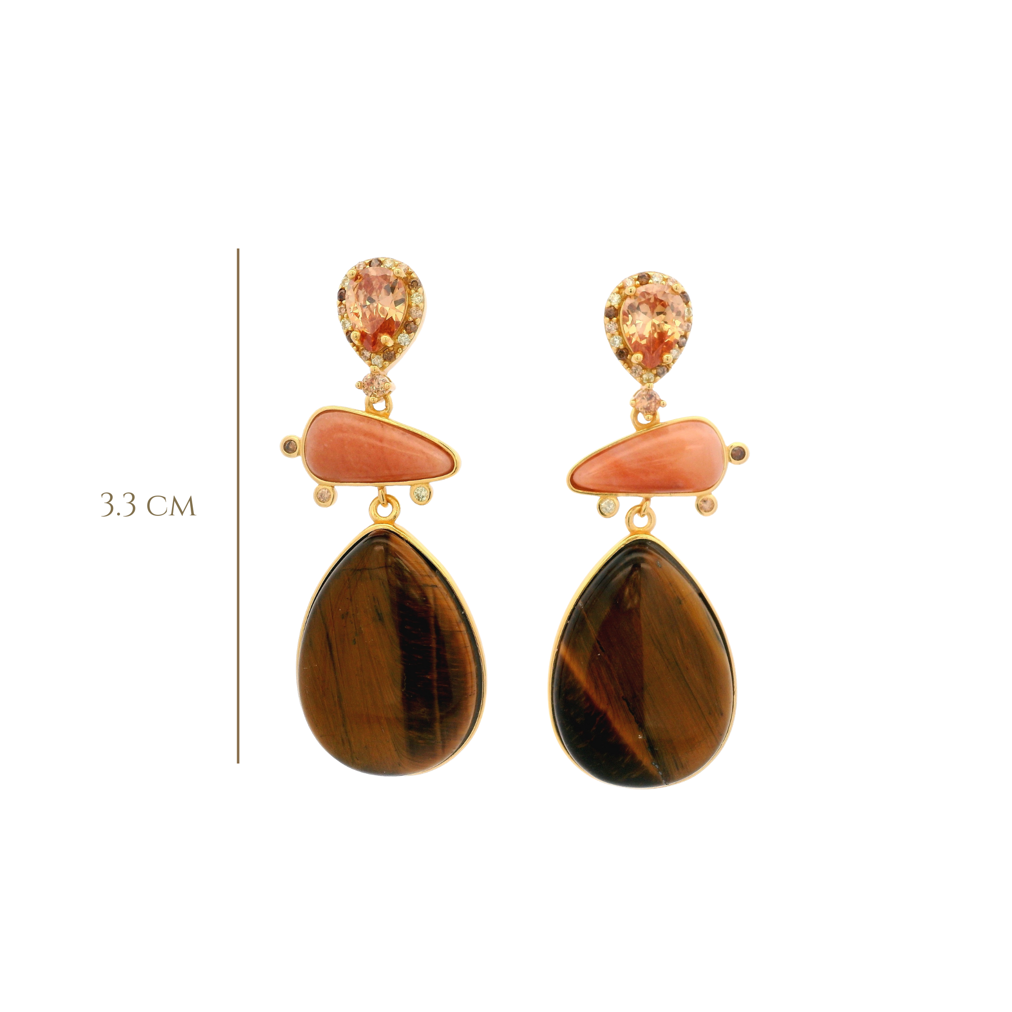 925YG DROP TRIPLE SHAPE EARRINGS TIGERS EYE & CZ