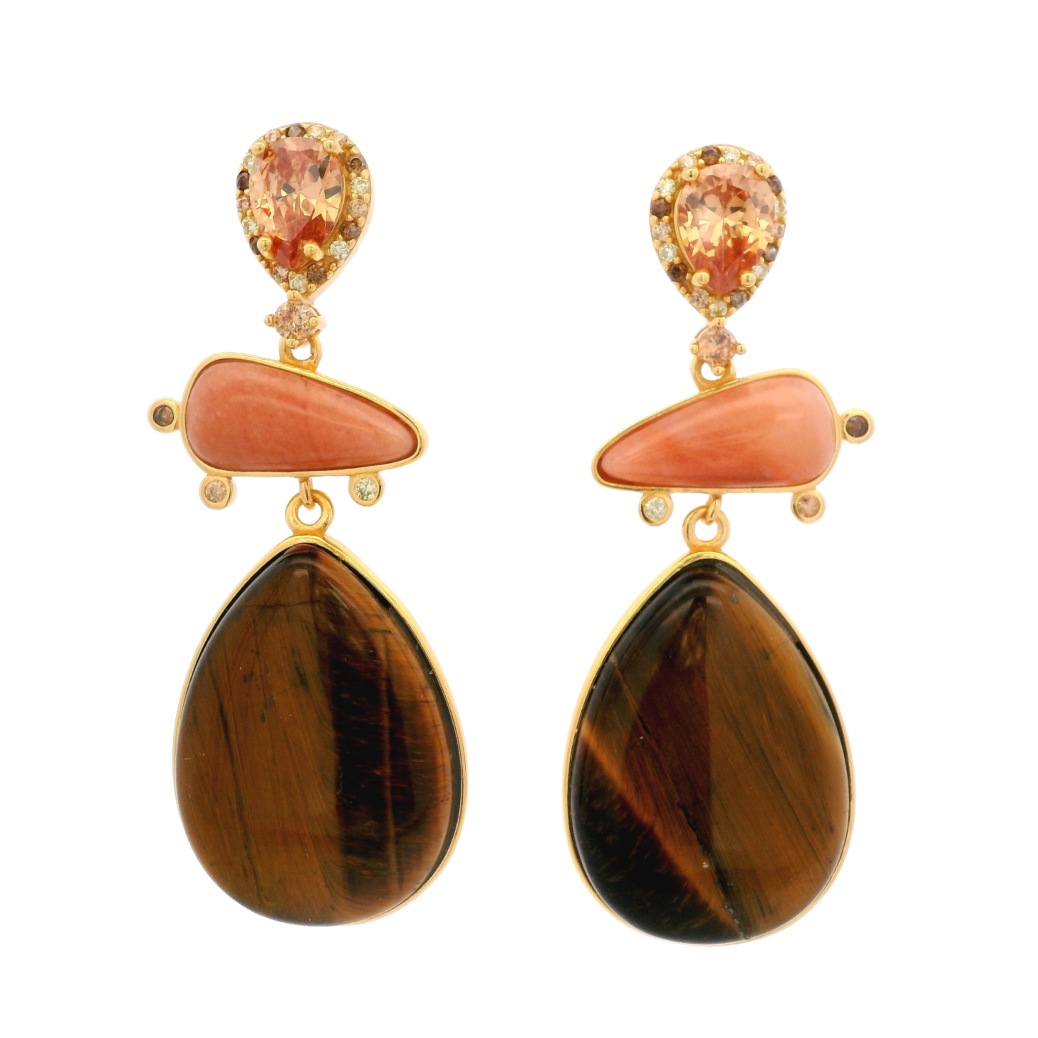 925YG DROP TRIPLE SHAPE EARRINGS TIGERS EYE & CZ
