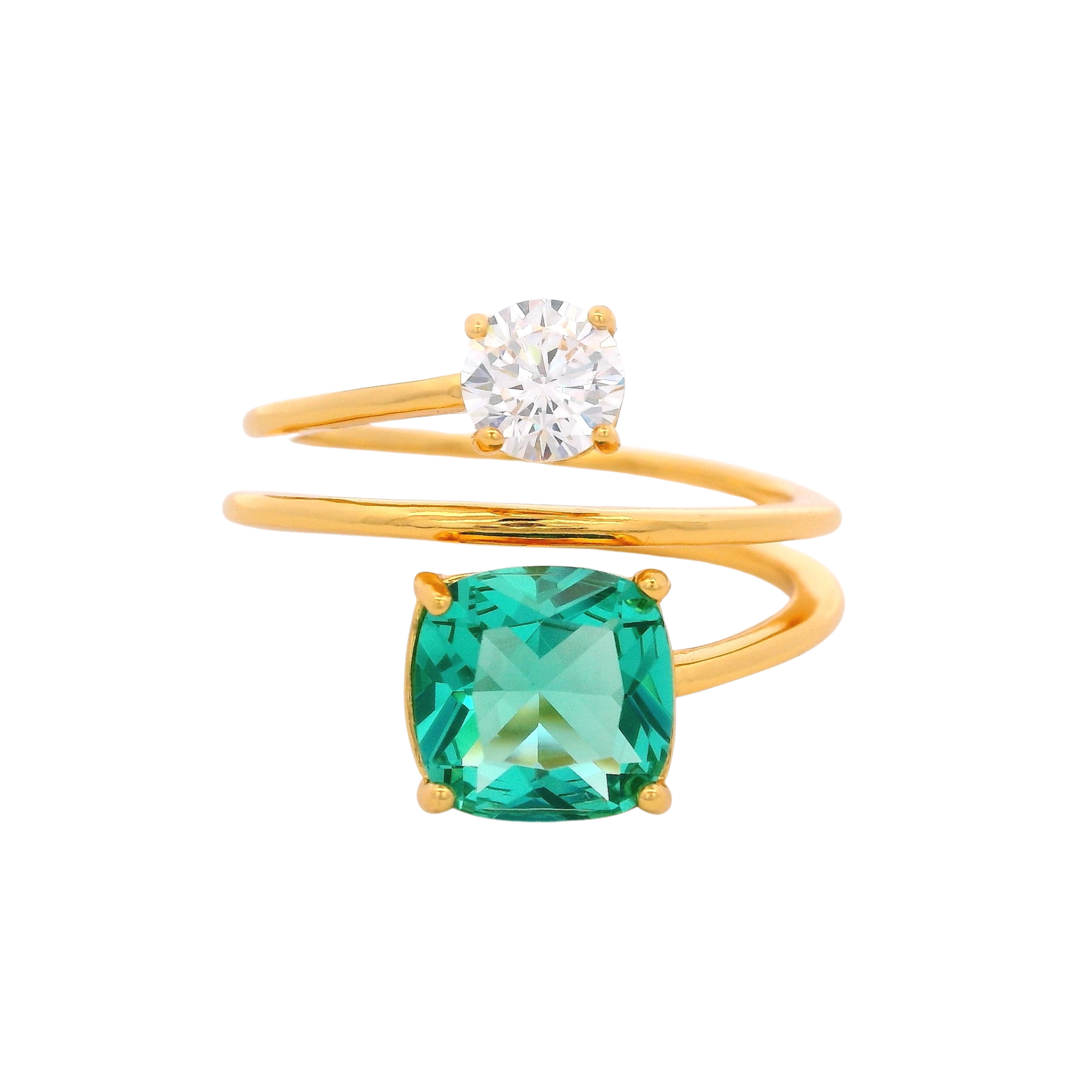 925YG MULTI TURN SQUARE & ROUND RING CZ GREEN T6.5