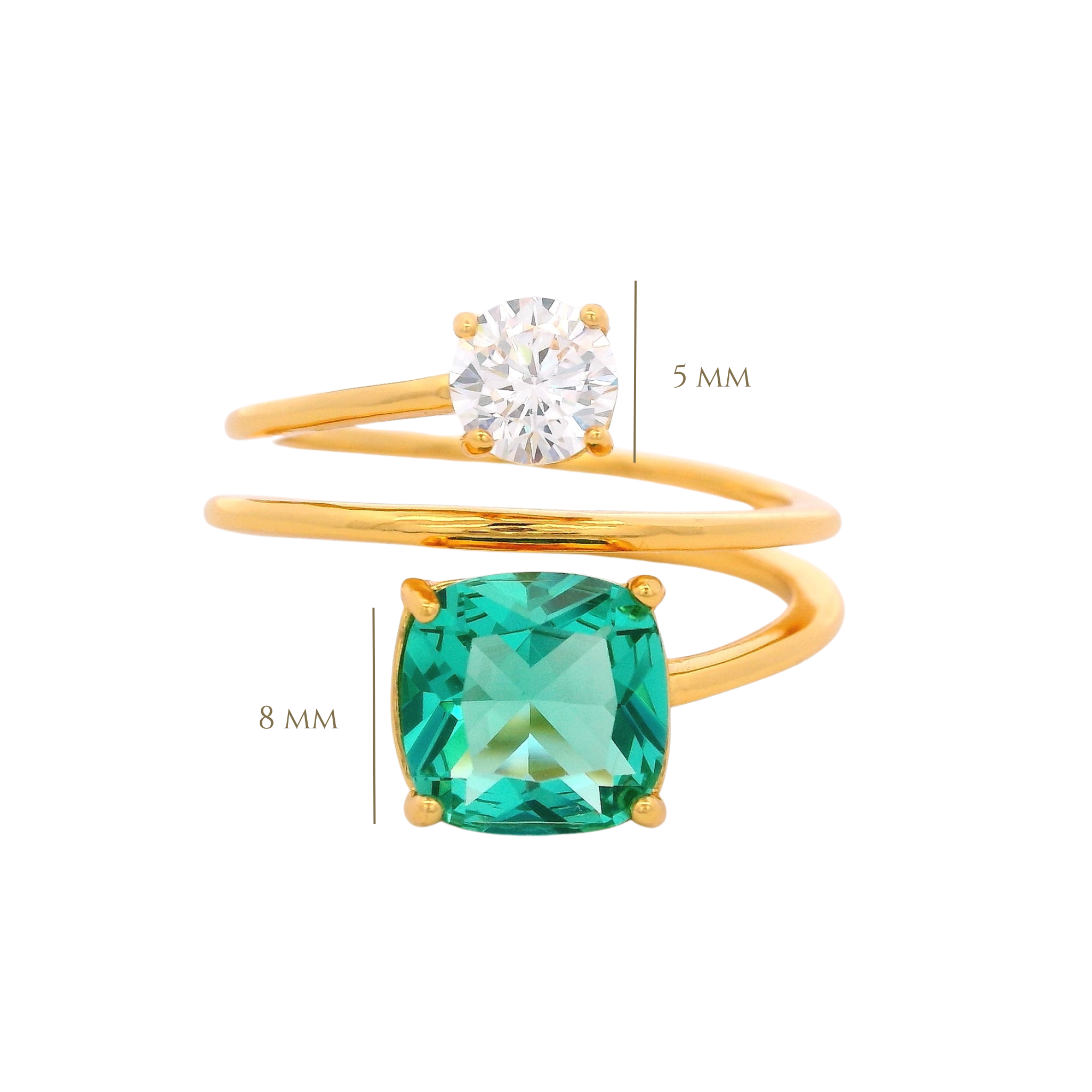 925YG MULTI TURN SQUARE & ROUND RING CZ GREEN T6.5