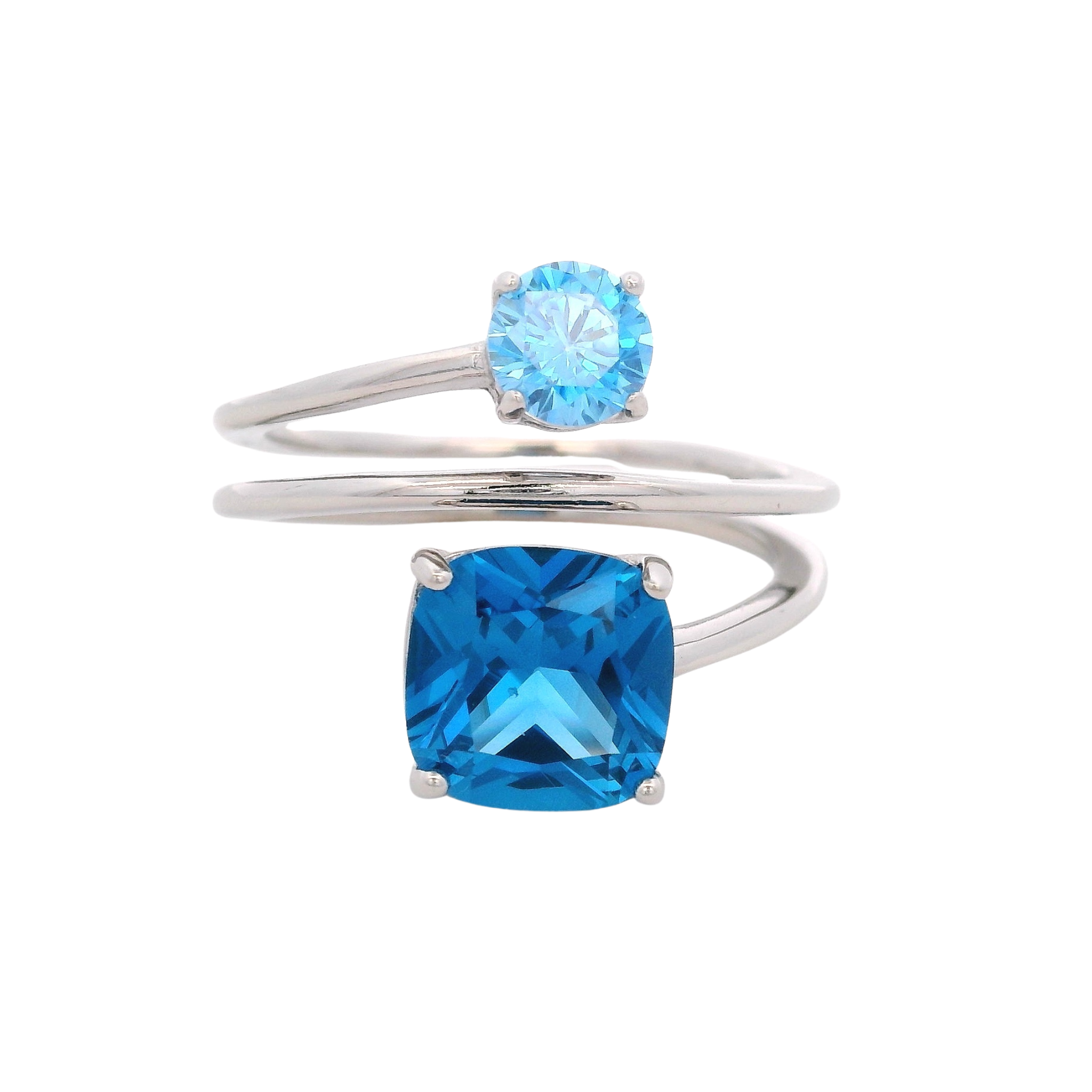 925SL MULTI TURN SQUARE & ROUND RING CZ BLUE T7