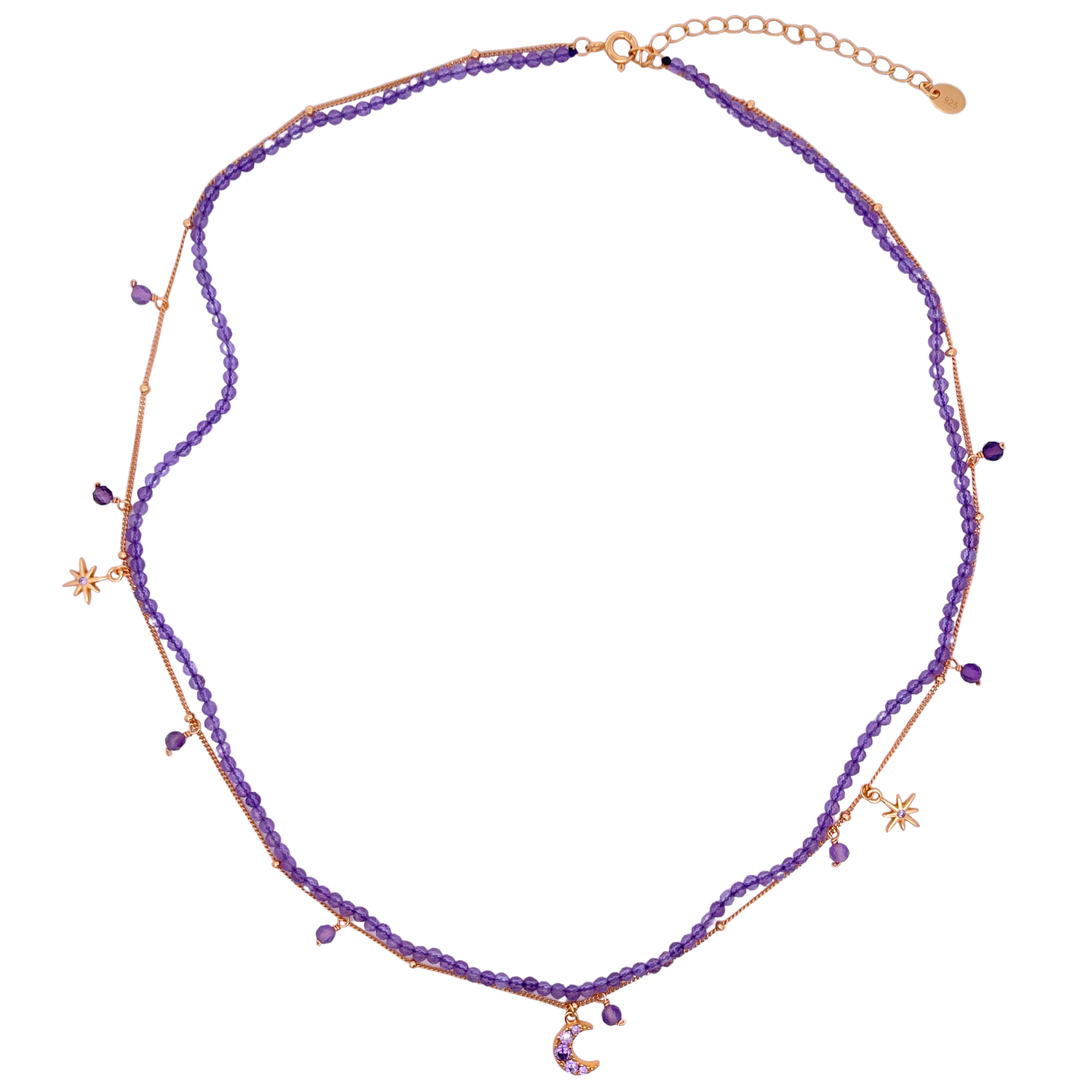 925YG DOUBLE LINE WITH CENTER MOON AND MULTI CHARM NECKLACE AMETHYST