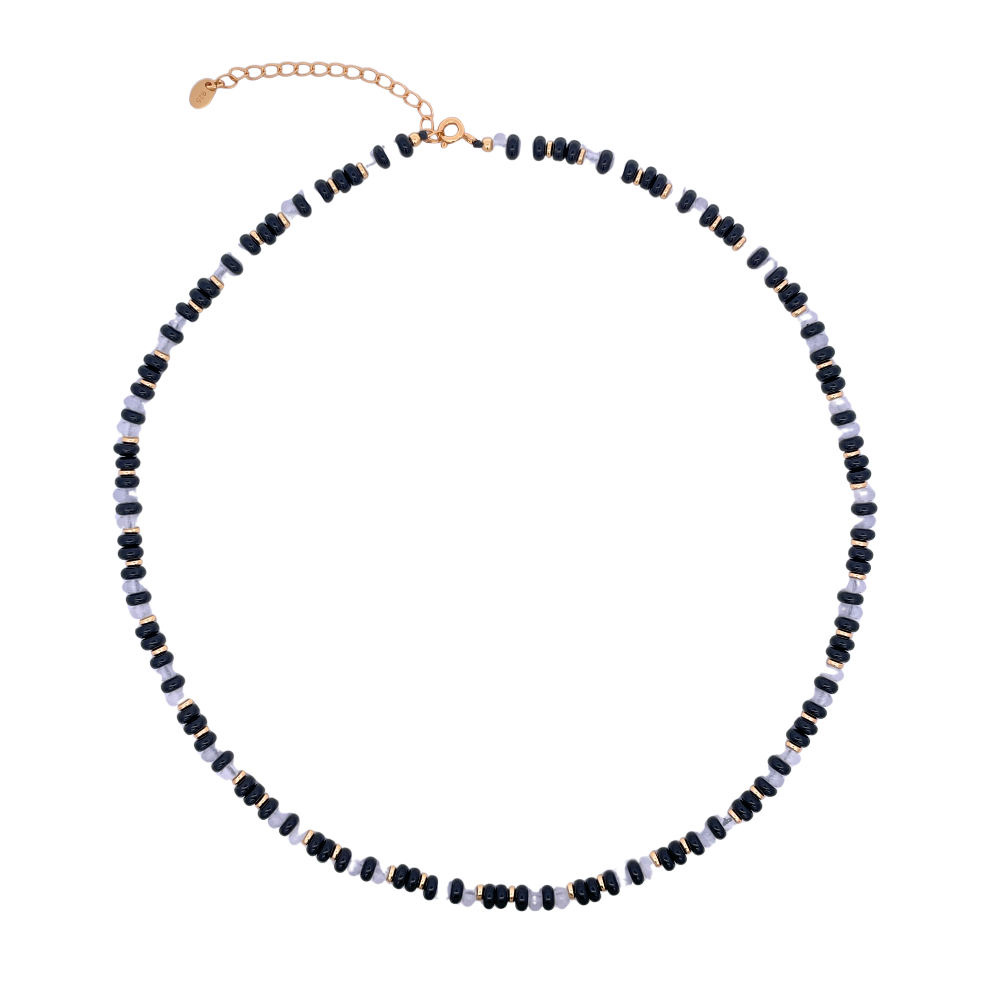 925YG BEANDS AND BALL GOLD NECKLACE MOP & ONIX BLACK