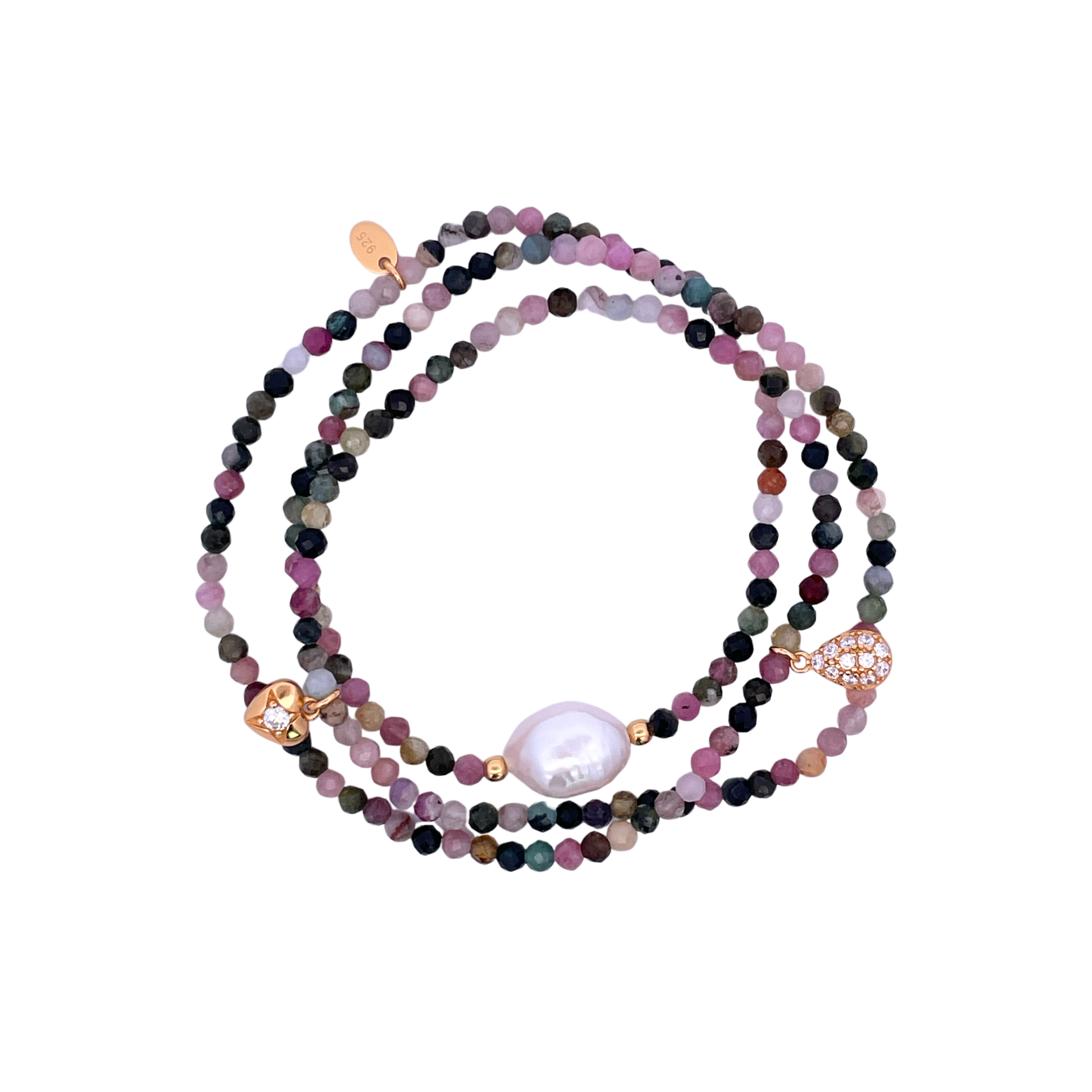 925YG BEANDS WITH SOLITARY PEARL BRACELET TOURMALINE MULTICOLOR