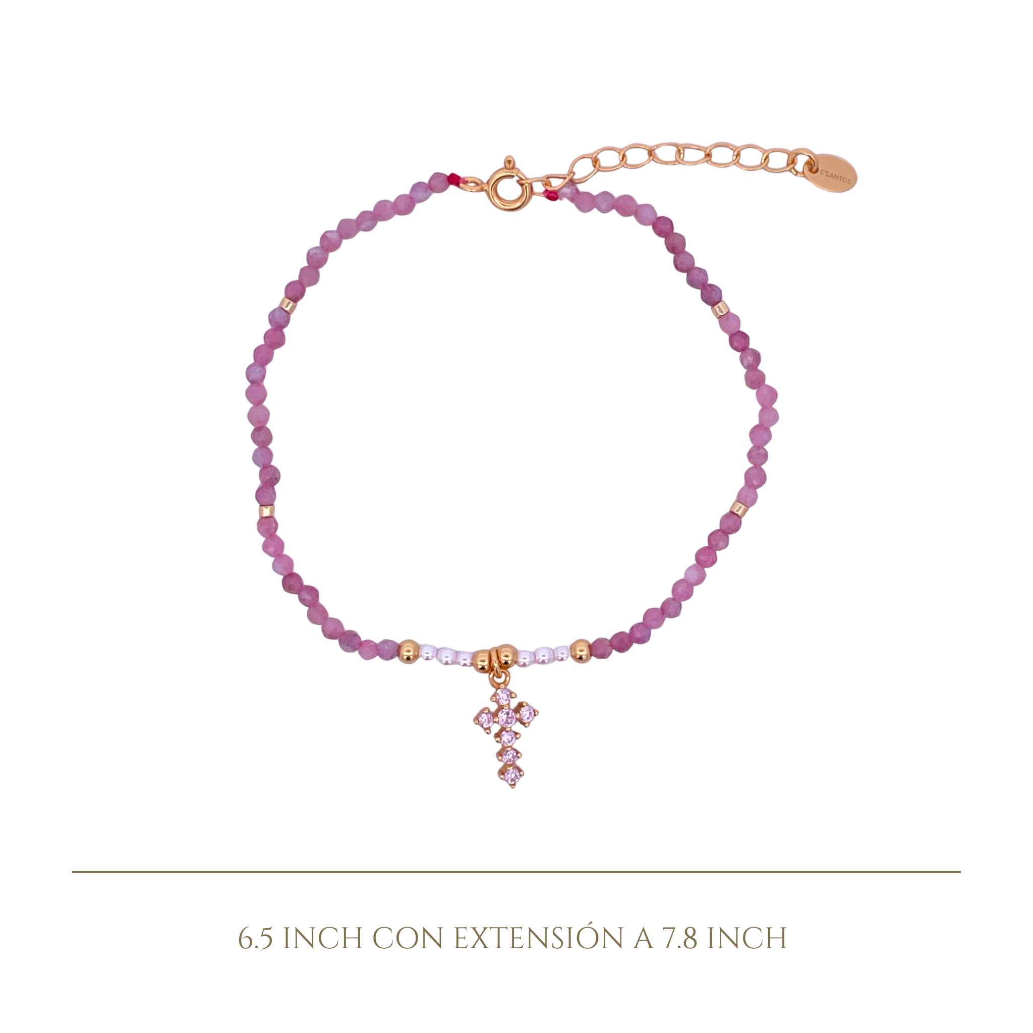 925YG BEANDS WITH CROSS BRACELET PINK TOURMALINE