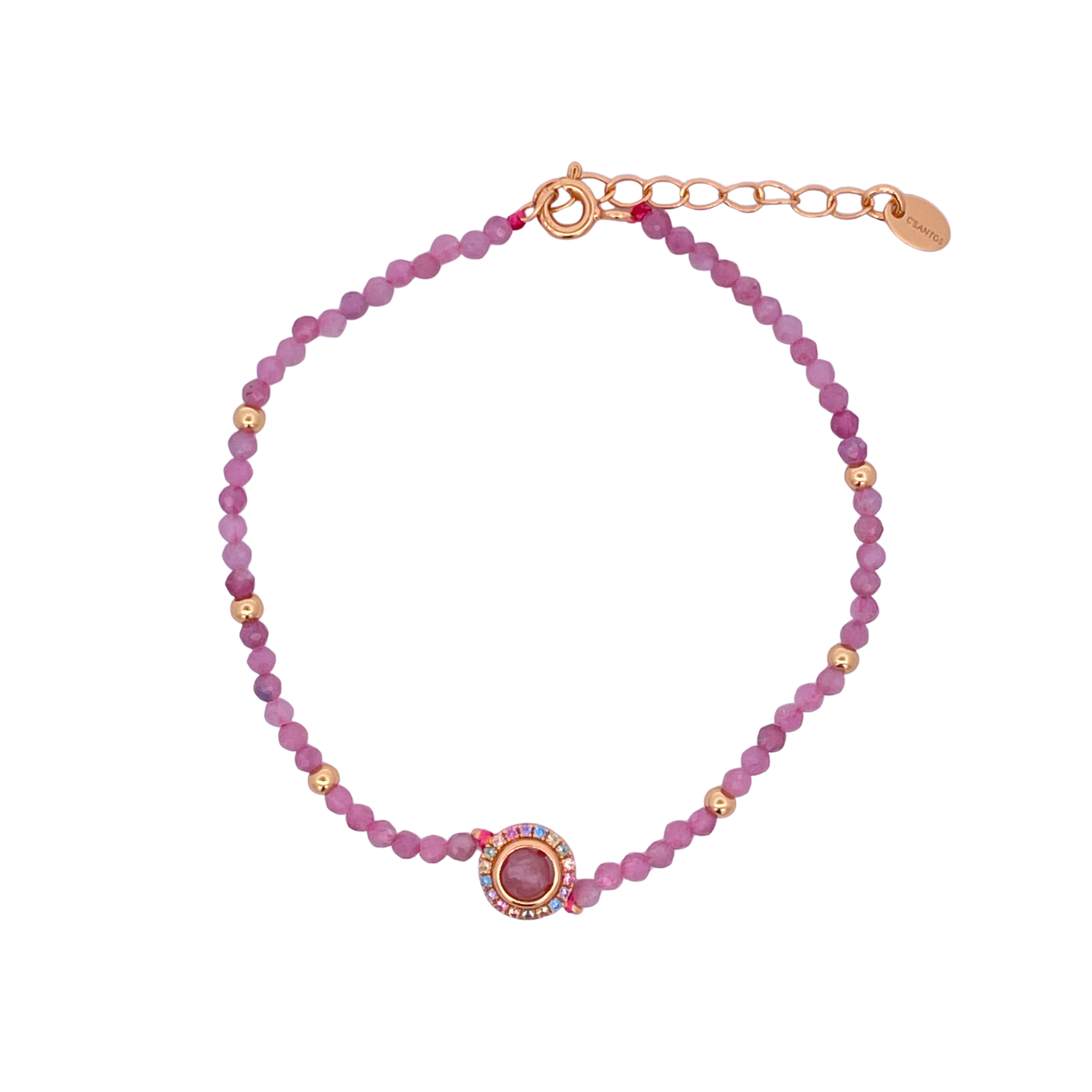 925YG BEANDS WITH SOLITARY HALO BRACELET ROSE QUARTZ