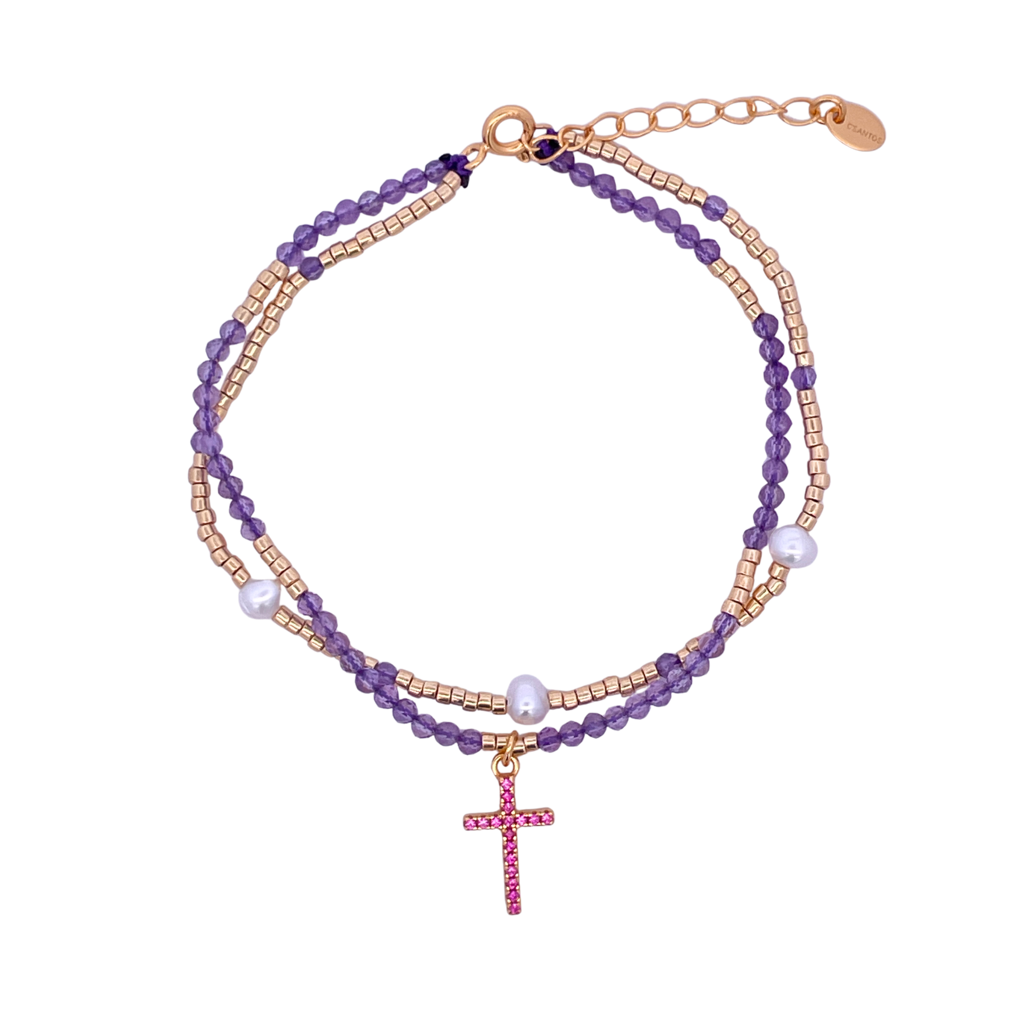 925YG DOUBLE LINE AND CROSS BRACELET AMETHYST