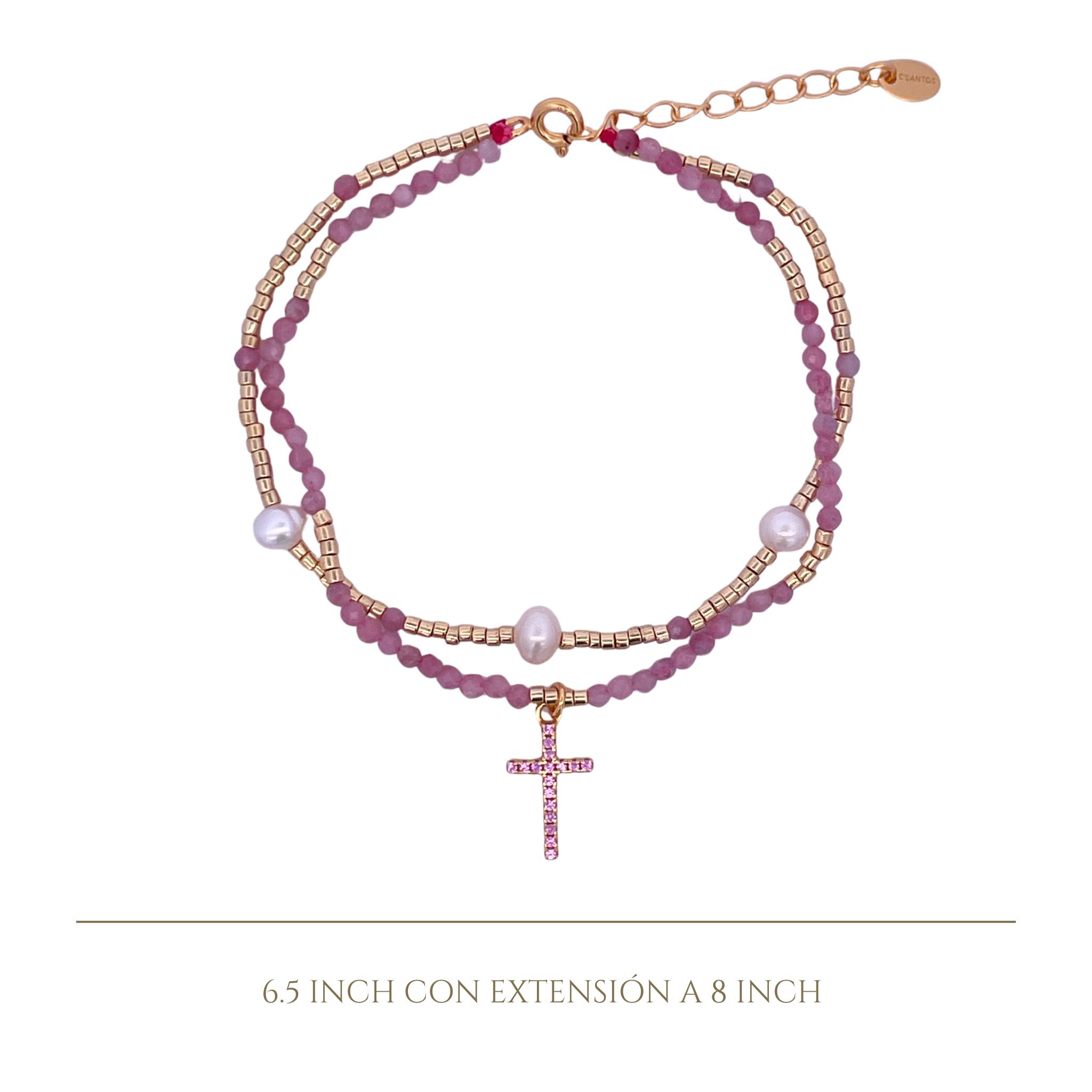 925YG DOUBLE LINE AND CROSS BRACELET PINK TOURMALINE