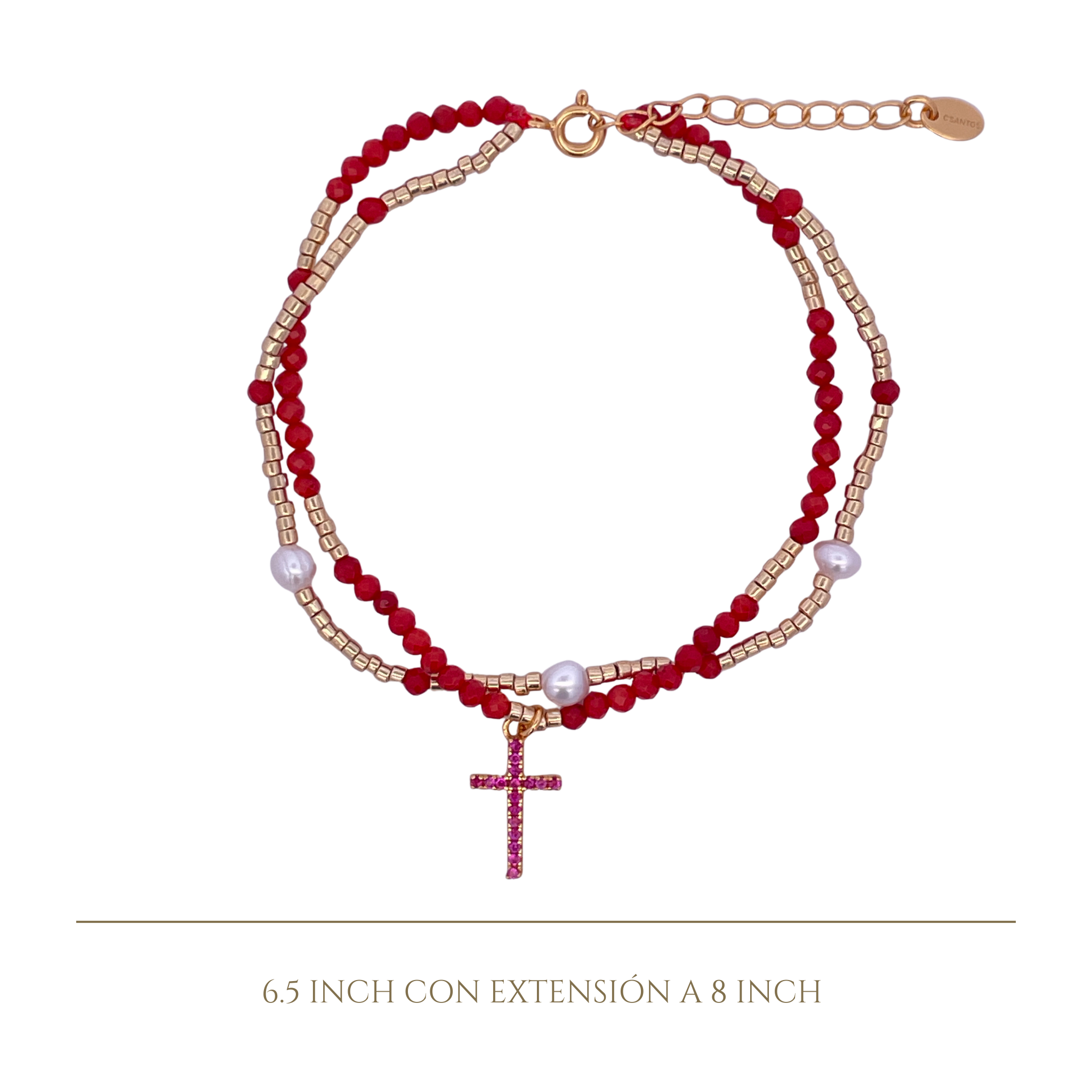 925YG DOUBLE LINE AND CROSS BRACELET CORAL