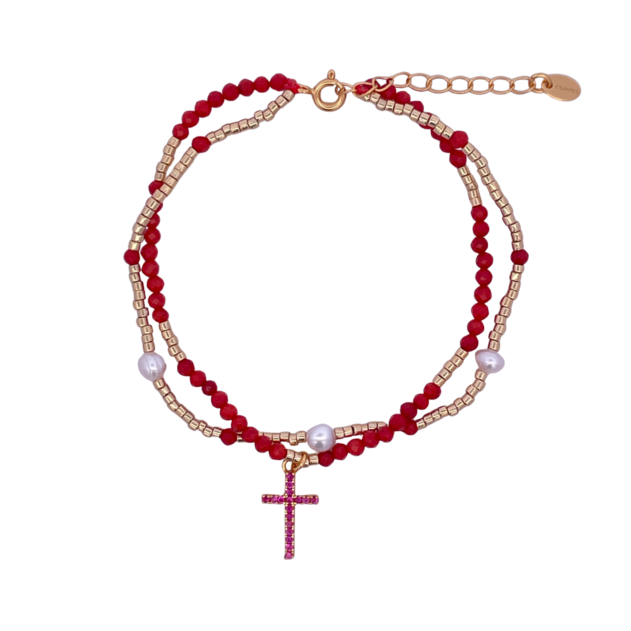 925YG DOUBLE LINE AND CROSS BRACELET CORAL