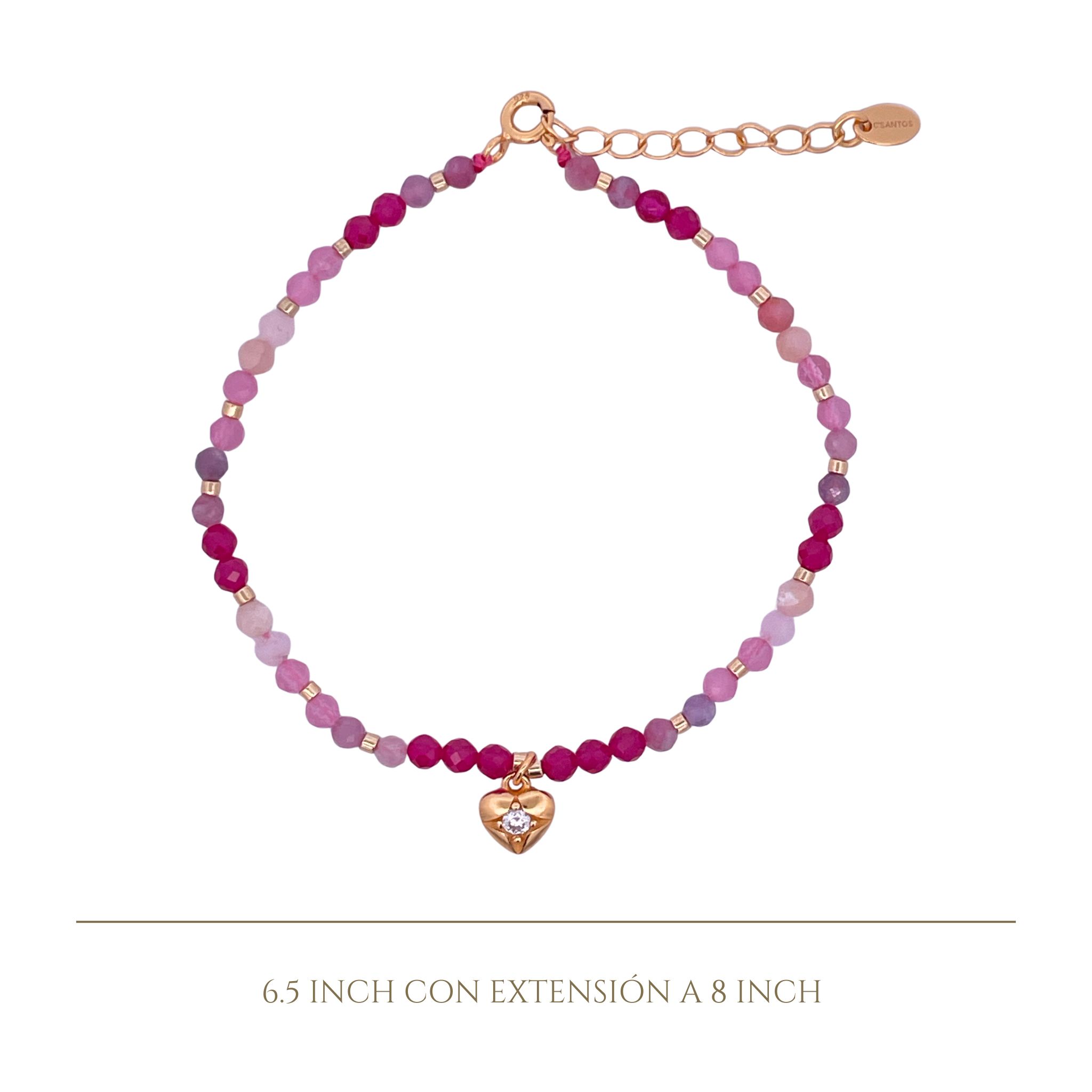 925YG BEANDS WITH SOLITARY HEART BRACELET PINK CATS EYE OP TOU PINK RUBY
