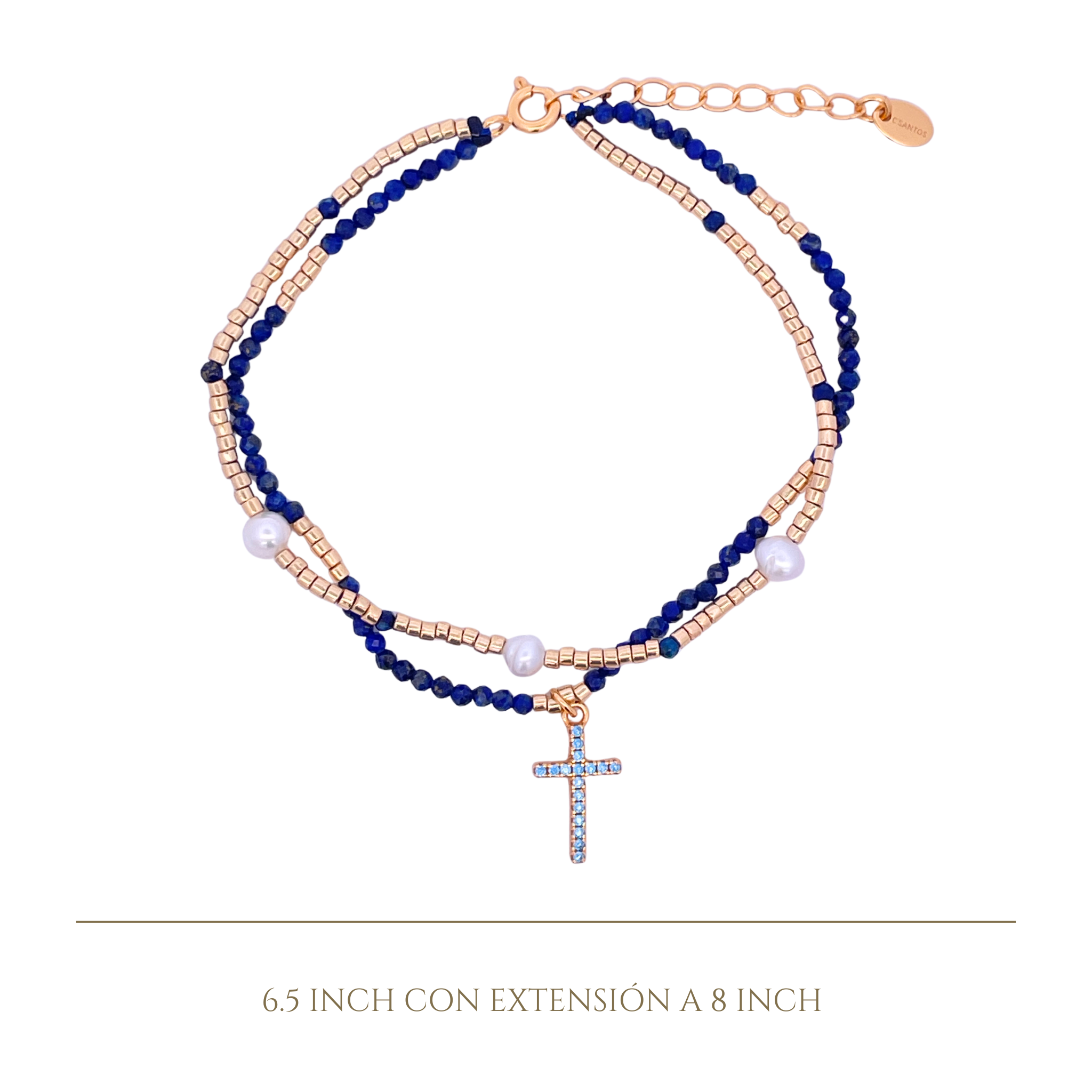 925YG DOUBLE LINE AND CROSS BRACELET LAPIS
