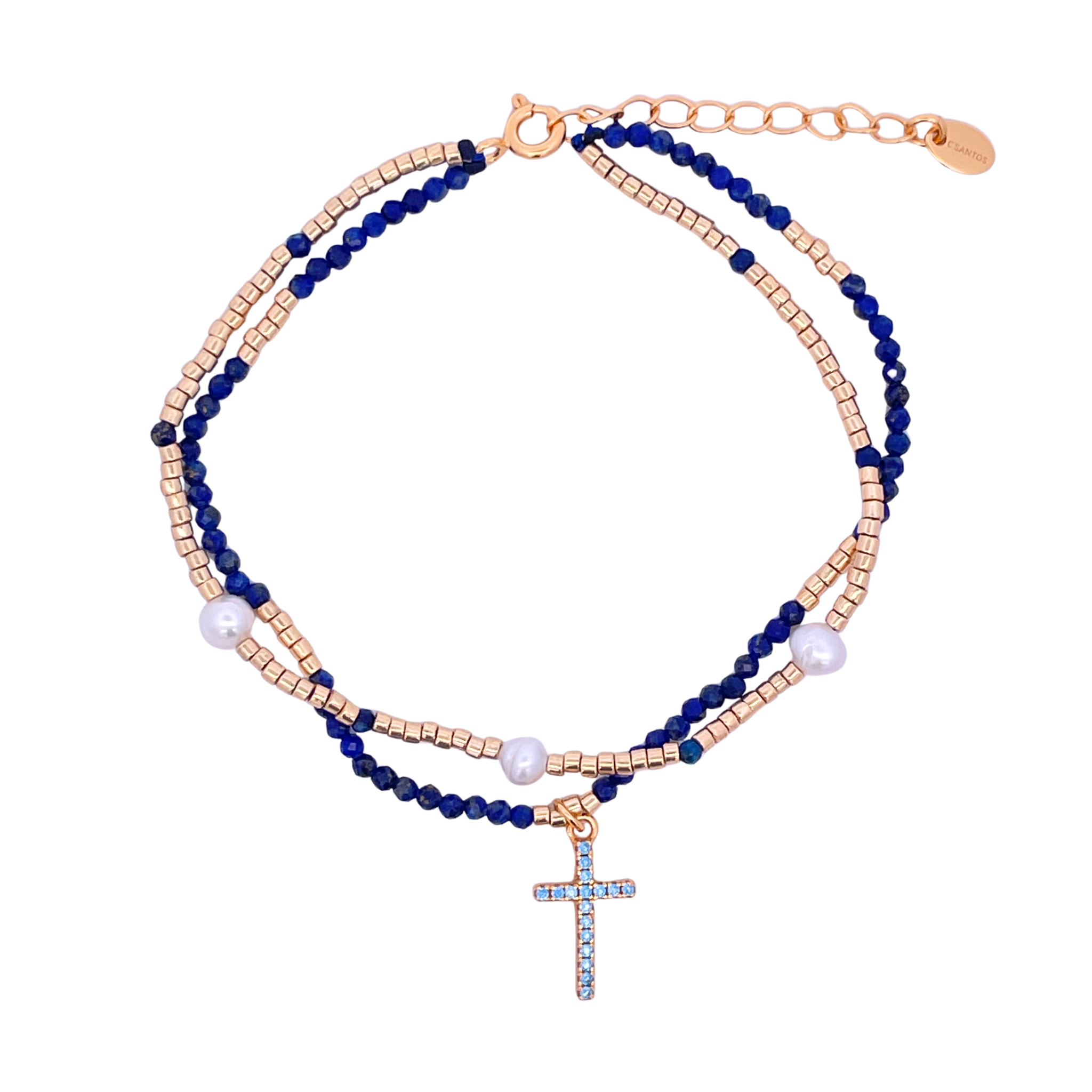 925YG DOUBLE LINE AND CROSS BRACELET LAPIS