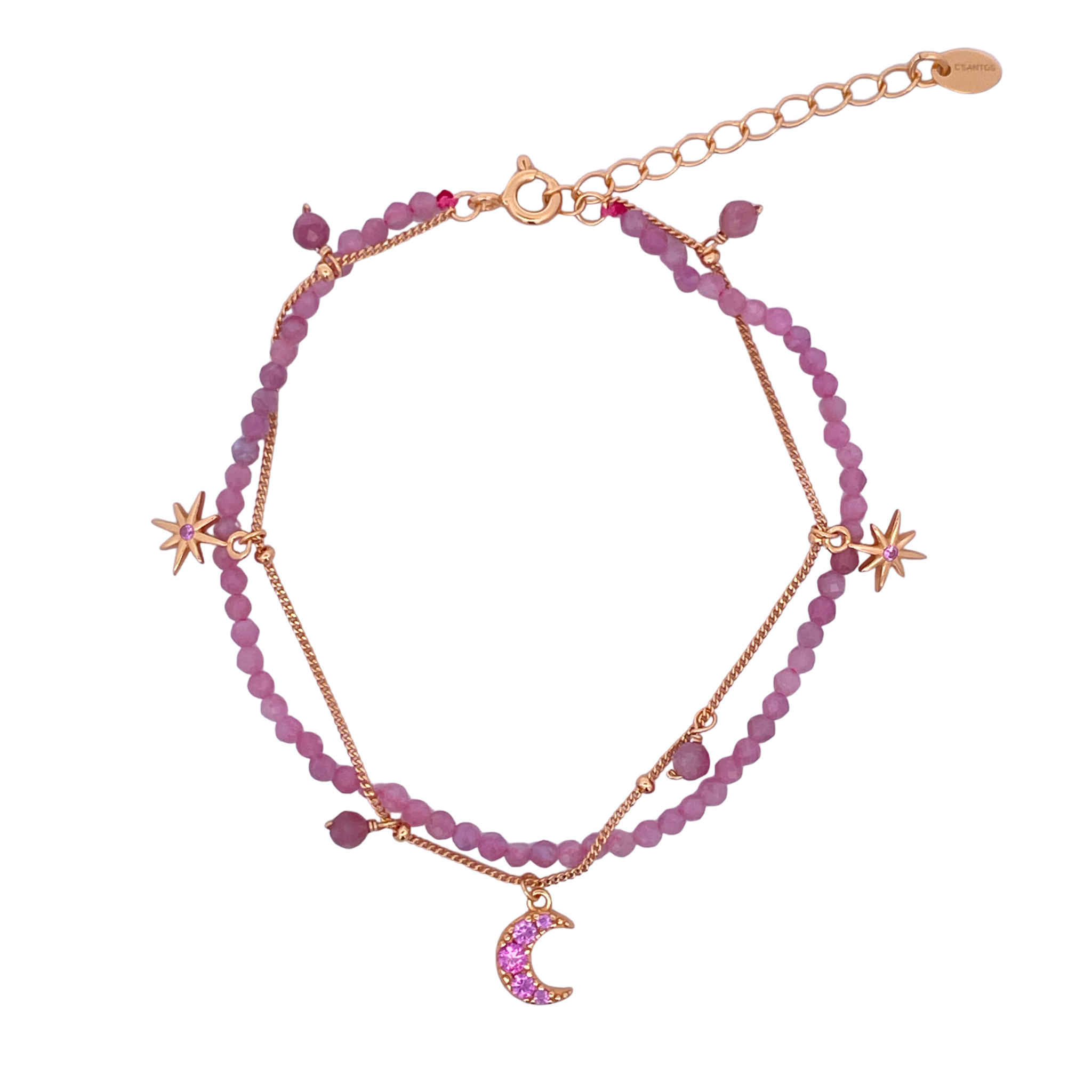 925YG DOUBLE LINE WITH CENTER MOON AND MULTI CHARM BRACELET PINK TOURMALINE