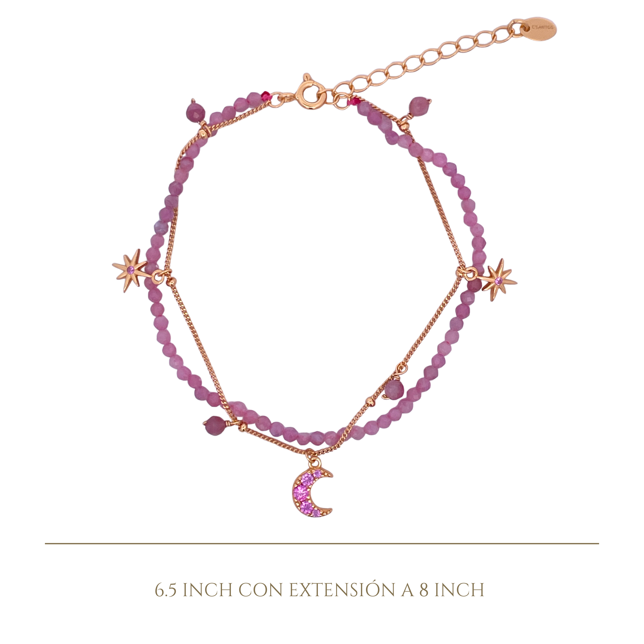 925YG DOUBLE LINE WITH CENTER MOON AND MULTI CHARM BRACELET PINK TOURMALINE