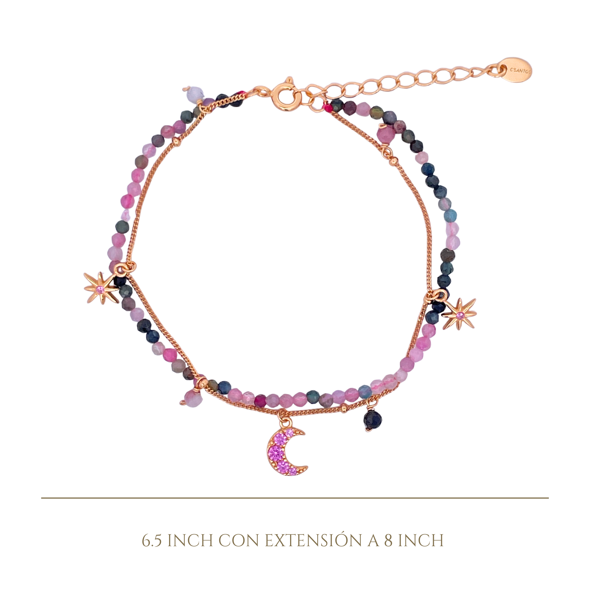 925YG DOUBLE LINE WITH CENTER MOON AND MULTI CHARM BRACELET TOURMALINE